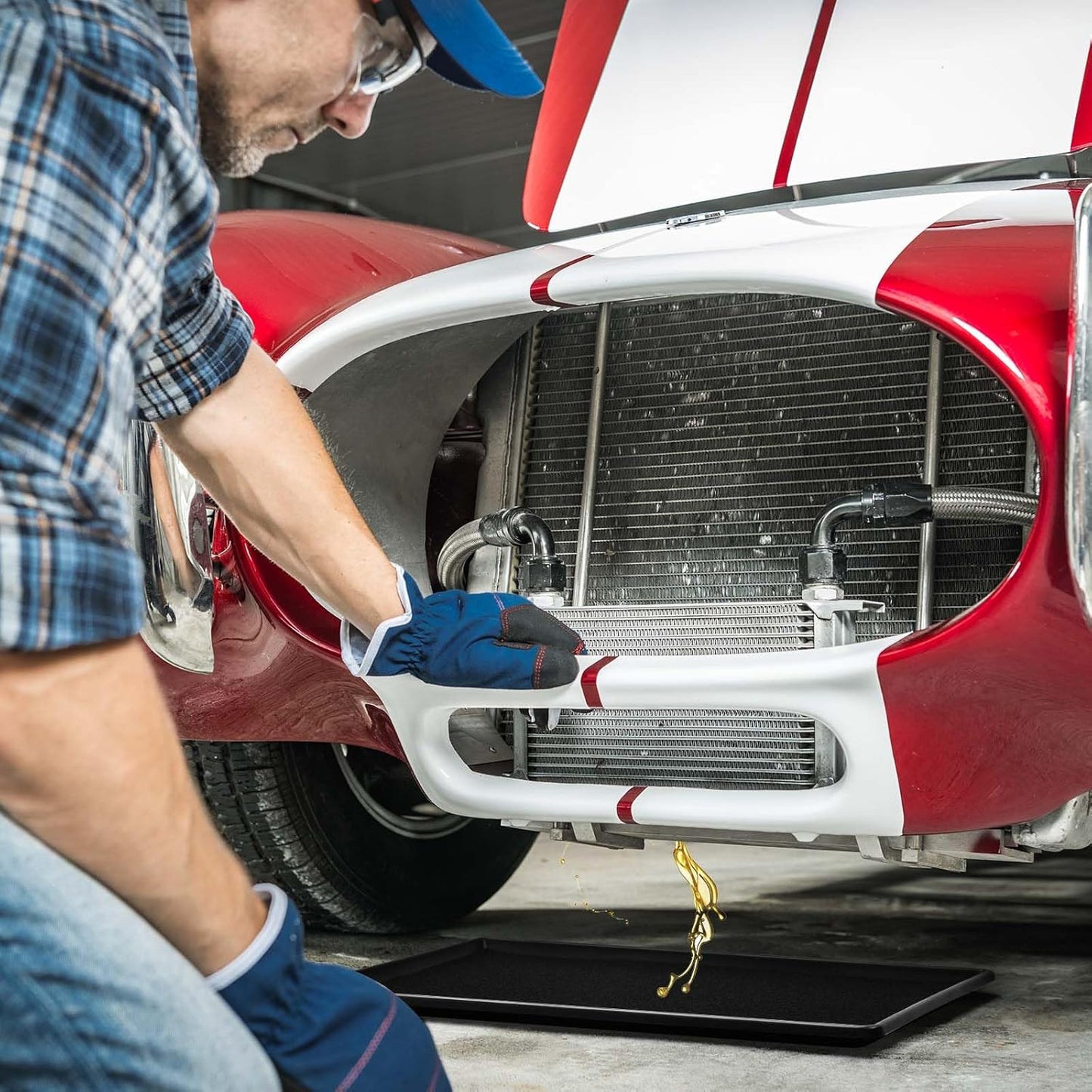 Uiifan 1 Set 35 x 24 x 1.4 Inch Oil Drain Drip Pan for Under Car with Square No Splatter Pad Oil Drip Tray Transmission Garage Automotive Driveway to Keep Floor Clean, Black