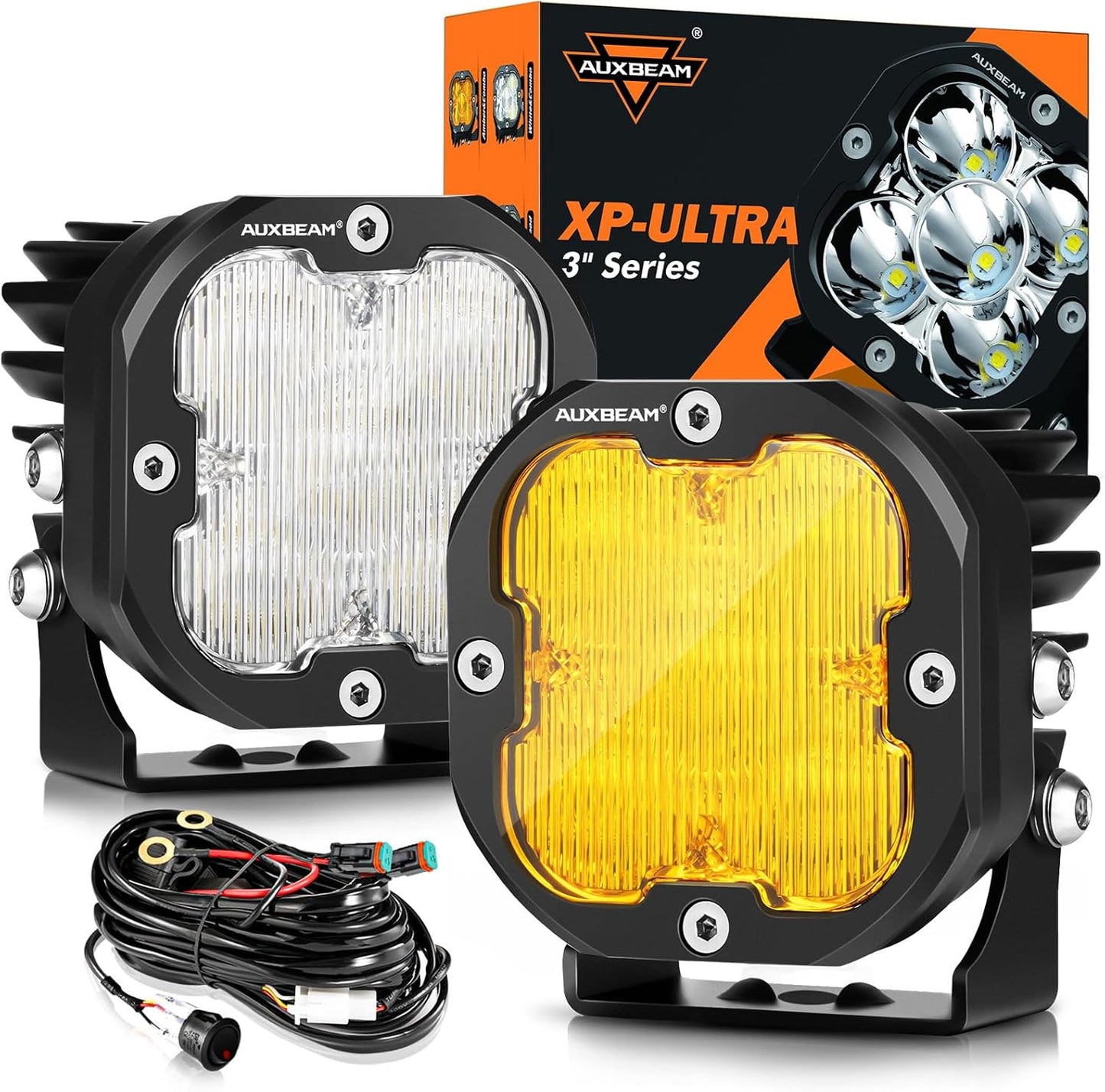 Auxbeam XP-Ultra Series 3 Inch Flood Beam LED Pods, 9600LM White Offroad Driving Lights 120° Wide Flood Lights 80W Fog Ditch Light Bar with White Amber Light Covers, Pair