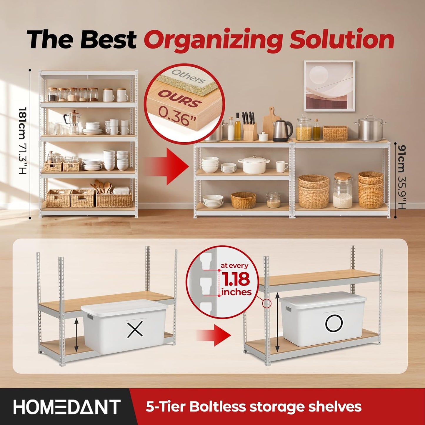 HOMEDANT White 5 Tier Laminated Boltless Heavy Duty Garage Storage Adjustable Wide Size Metal Shelving Unit Utility Rack Shelves Organization Shelf Shed Warehouse 47.7" W x 24.1" D x 71.3" H 1Pack
