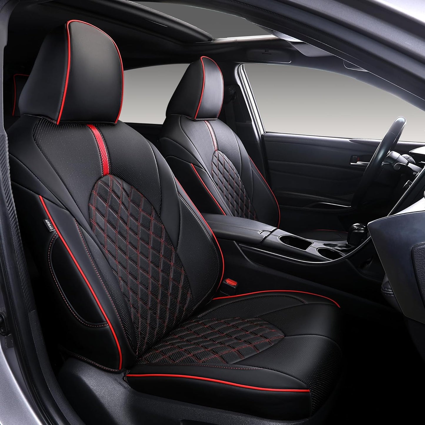 Custom Fit Camry Seat Covers for Toyota Camry LE,SE,SE Nightshade 2018-2024 Full Coverage Waterproof Breathable Leather Car Seat Covers Full Set(Black with Red Trim)