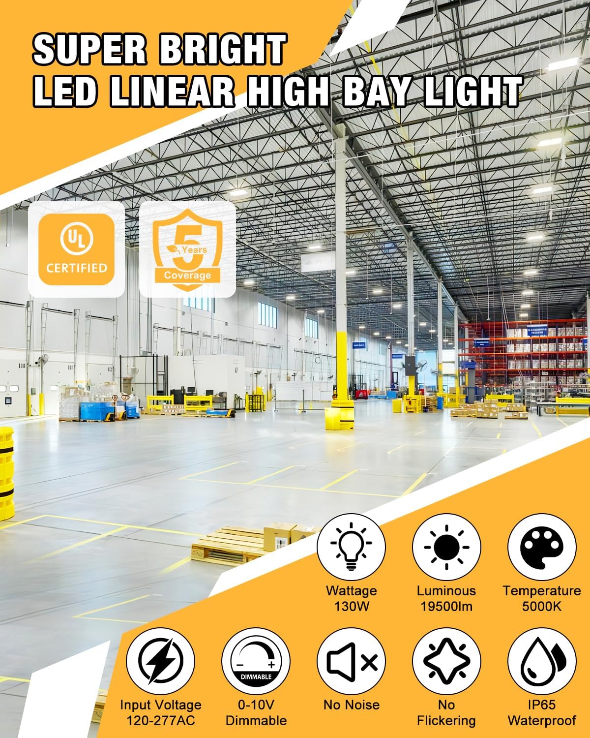 LED Linear High Bay Light, 130W 19500LM High Bay LED Shop Lights, 120-277V, 5000K, 0-10V Dimmable LED Shop Light, Linear High Bay Light for Warehouse Workshops, UL Complied, 4 Pack