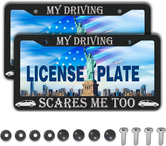 Fun License Plate Frame Cover Black and White License Plate Frames My Driving Scares Me Too Universal Aluminum Car Accessory 2 Pack with Screw Covers Set
