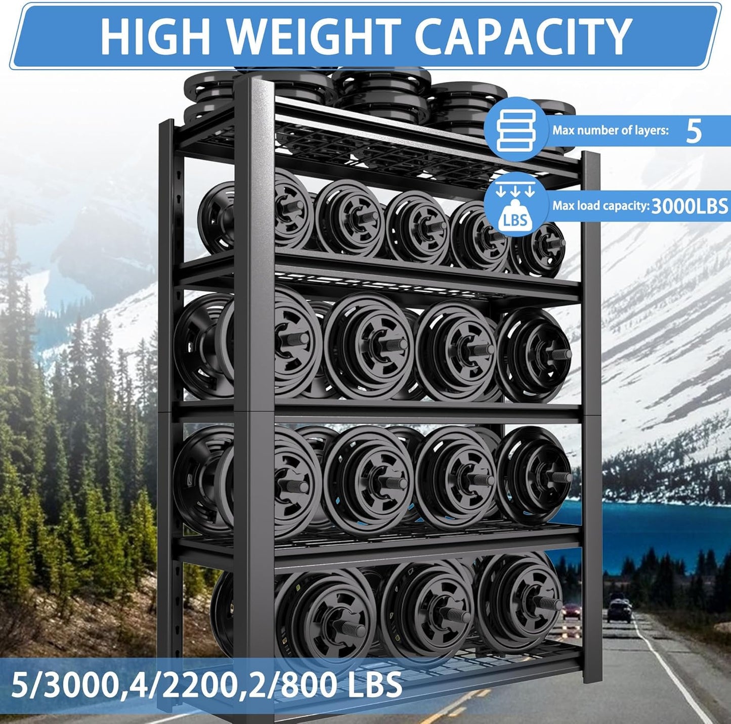 5-Tier Heavy Duty Garage Shelving Unit with Wire Shelves,3000 LBS Capacity Metal Storage Rack 72"H x 48"W x 20"D,Adjustable Boltless Steel Shelves for Garage,Basement,Pantry,Warehouse.1 Pack