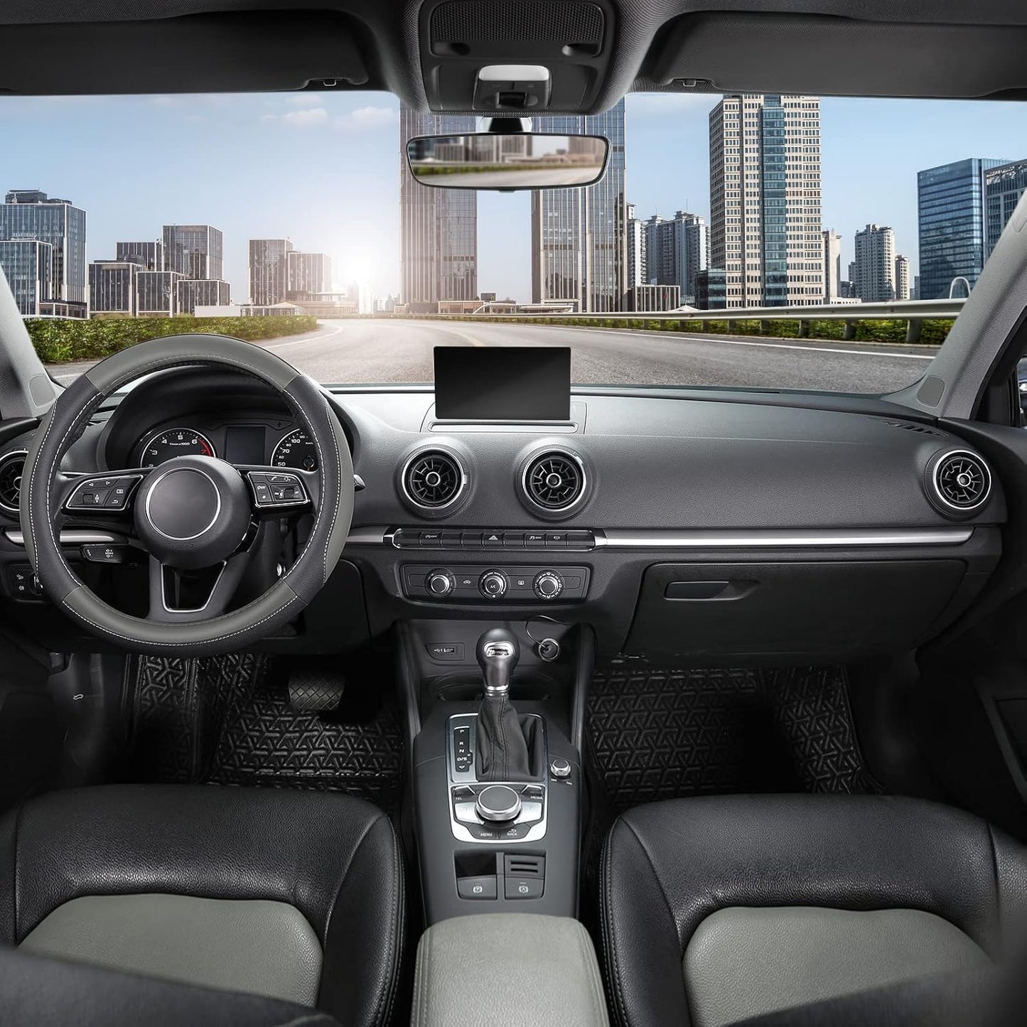 SEG Direct Car Steering Wheel Cover for Prius Civic Model 3 Model Y Camaro, Small Size 14-14.25 inch, Black and Gray Microfiber Leather