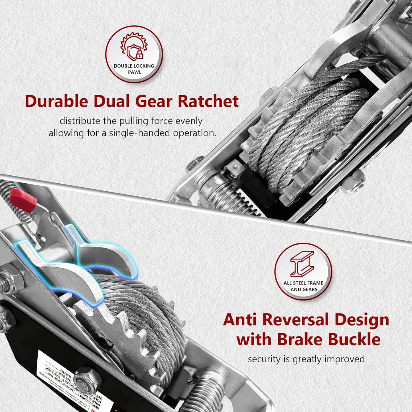 Come Along Winch,4T Capacity with 10FT Steel Cable,Heavy Duty Ratchet Power Puller Tool with Dual Gears,3 Hooks,Hand Winch Tool for Road Vehicle Recovery and Pulling Tree