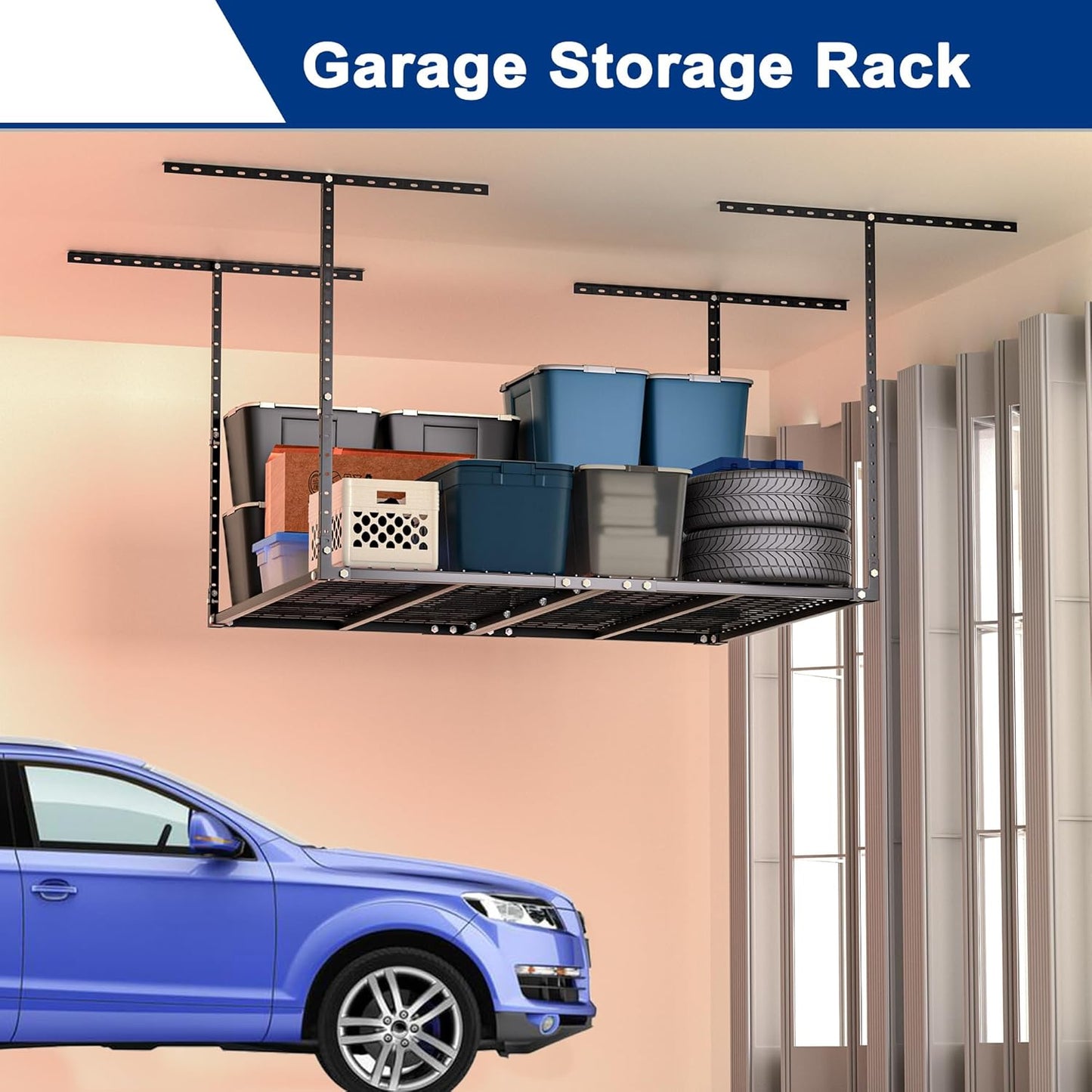 GIOTORENT 3x4FT Heavy Duty Overhead Garage Storage Rack - Adjustable Ceiling Shelving with 450lbs Weight Capacity, Metal Garage Organization System, Black