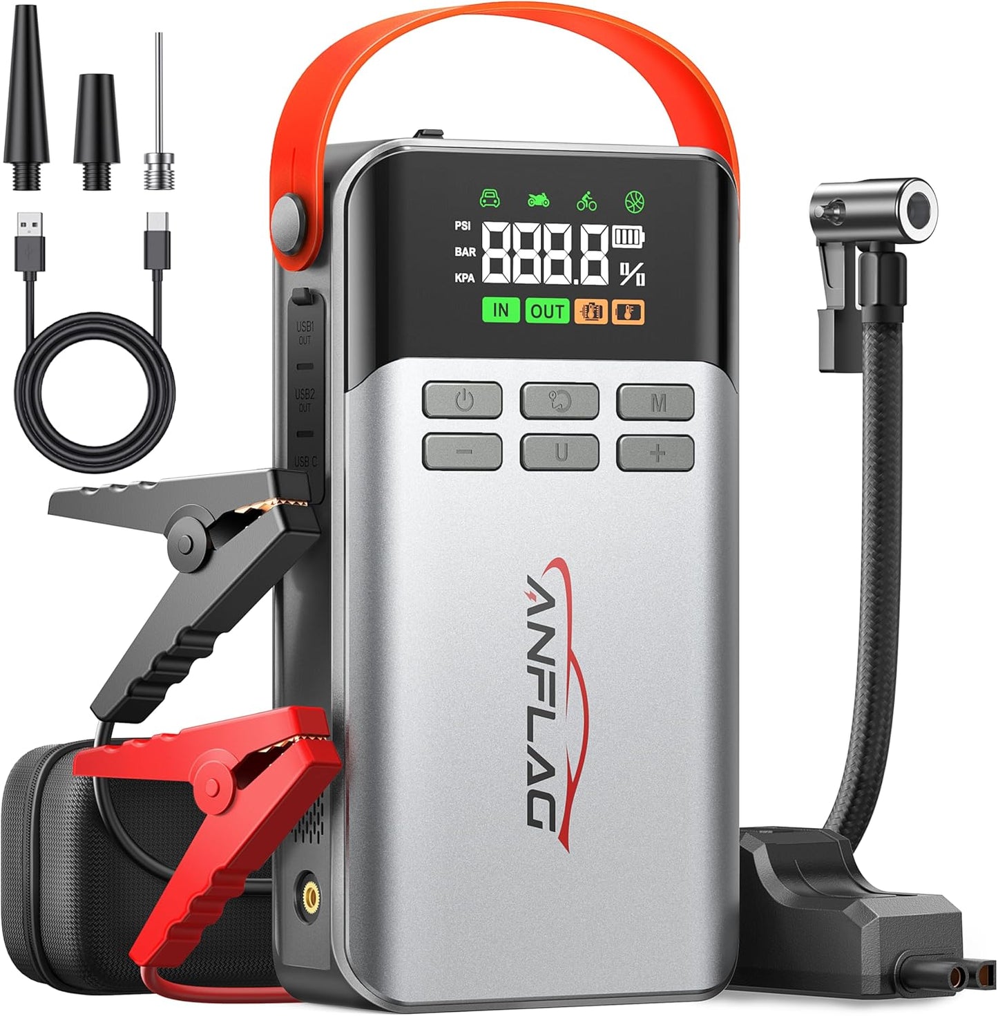 8-in-1 Car Jump Starter with Air Compressor,5500A Portable Jump Starter Pack with 150PSI Tire Inflator, 12V Safe Lithium Jump Box with LCD Display,Flashlight(Up All Gas/12.0L Diesel)