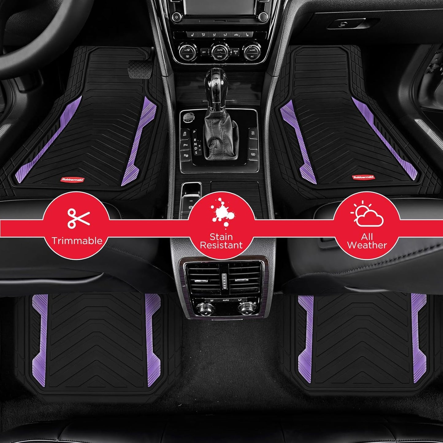 Rubbermaid Car Floor Mat, Heavy Duty All-Weather Car Mats Full Set with Dual-Tone Purple Aluminum Inserts – Universal Fit, Anti-Slip Backing, Trim-to-Fit for Most SUV, Sedan, Van