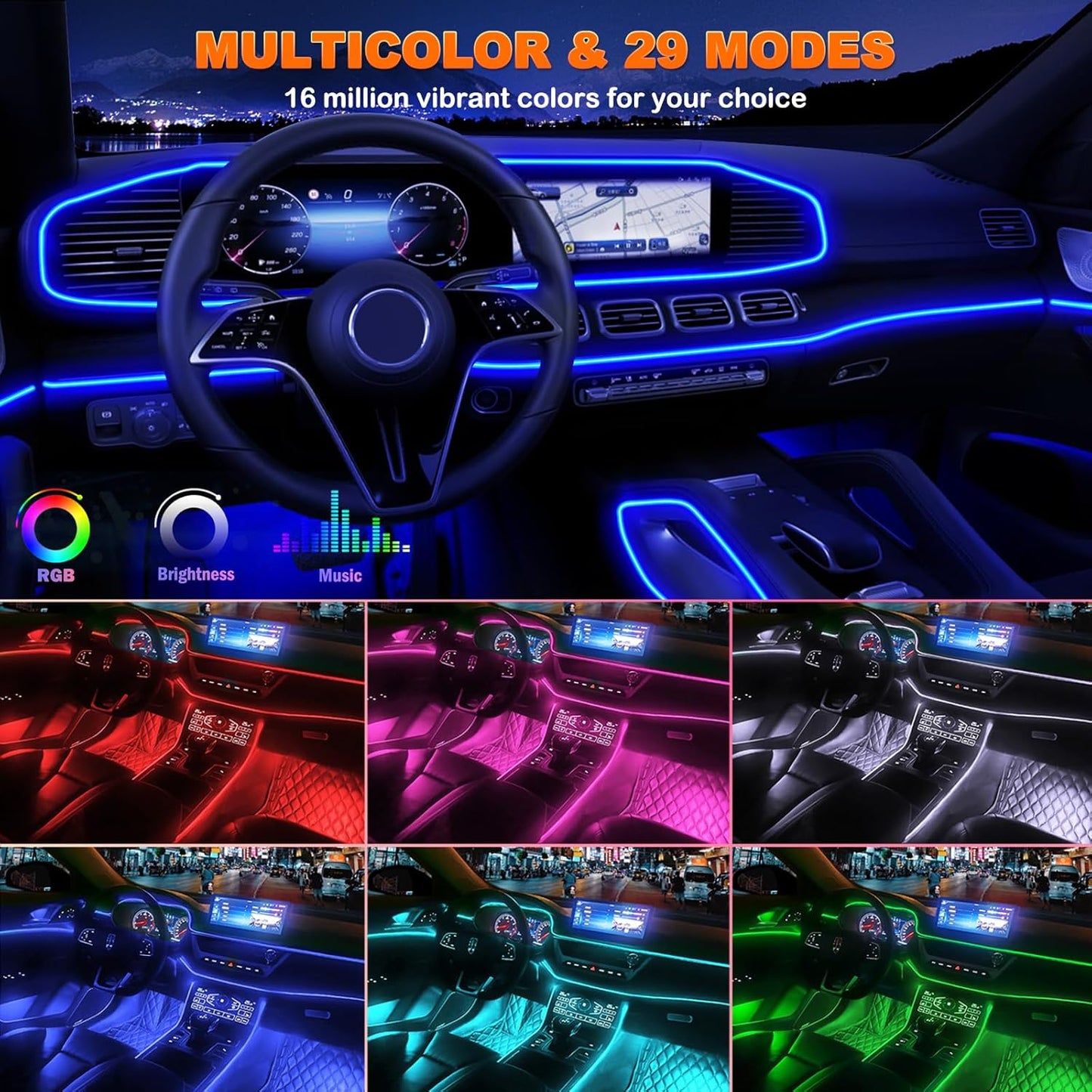 USB Interior Car LED Strip Lights with Wireless APP and Remote Control, RGB 6 in 1 Ambient Lighting Kits with 315 inches 3.0mm Fiber Optic, 16 Million Colors Car Neon Lights, Sync to Music