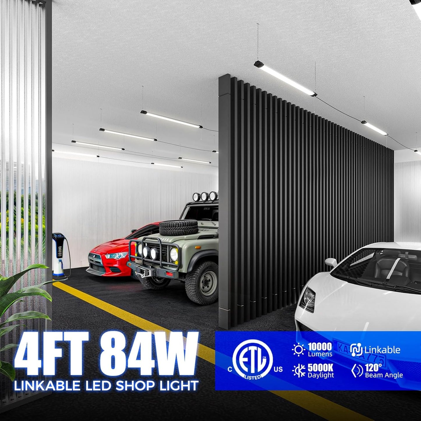 Barrina BS84 LED Shop Lights for Workshop 4FT, 84W, 10000LM, 5000K Linkable Light Fixture for Garage, Basement, Hanging or Flush Mount, ETL, 4 Packs