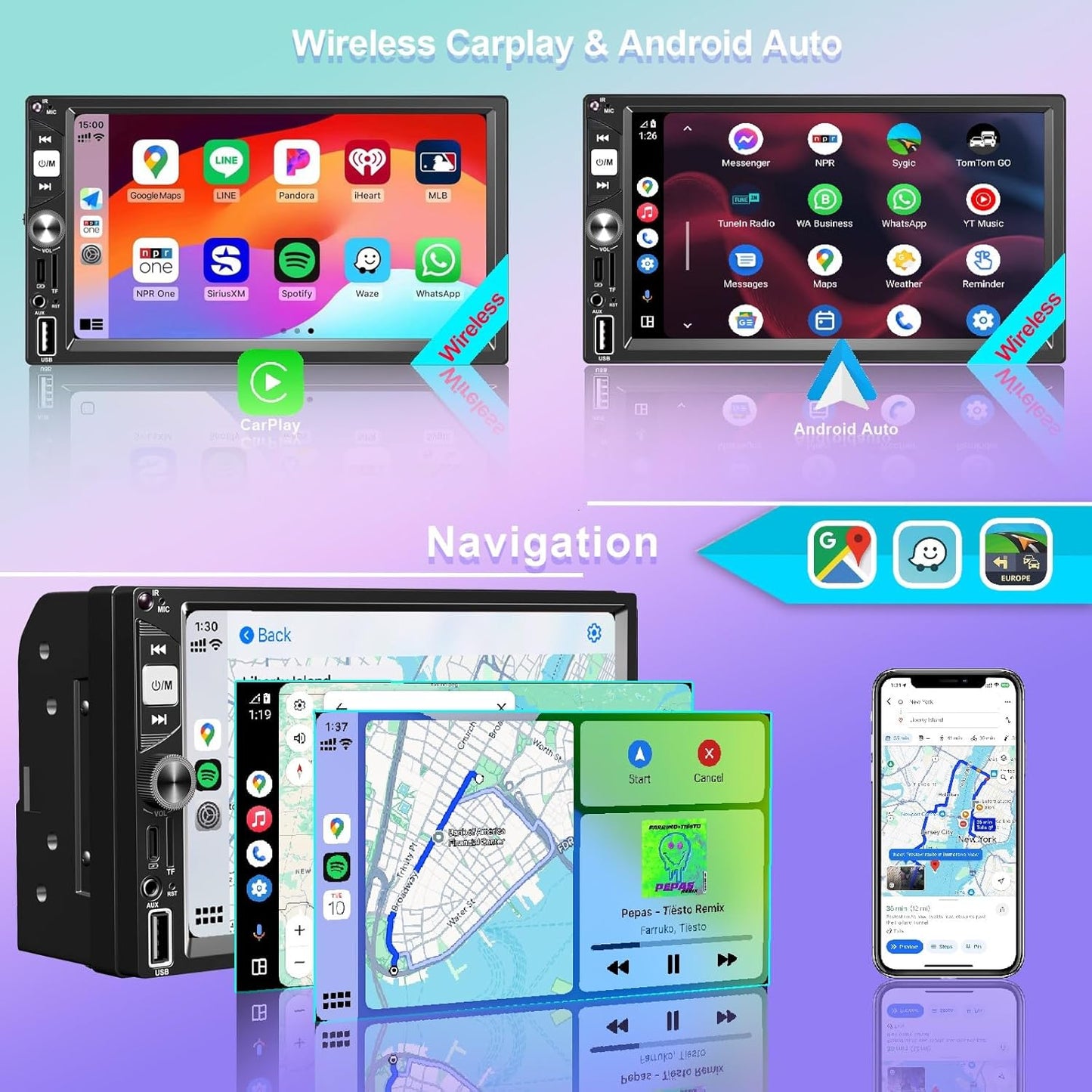 7” Wireless Apple CarPlay Double Din Car Stereo,FM Car Radio,Bluetooth 5.2,IPS Touchscreen 1024 * 600, Backup Camera,EQ Audio,Dual USB+Type-c Charging,Subwoord,Android Auto,Navigation,CarPlay MP5