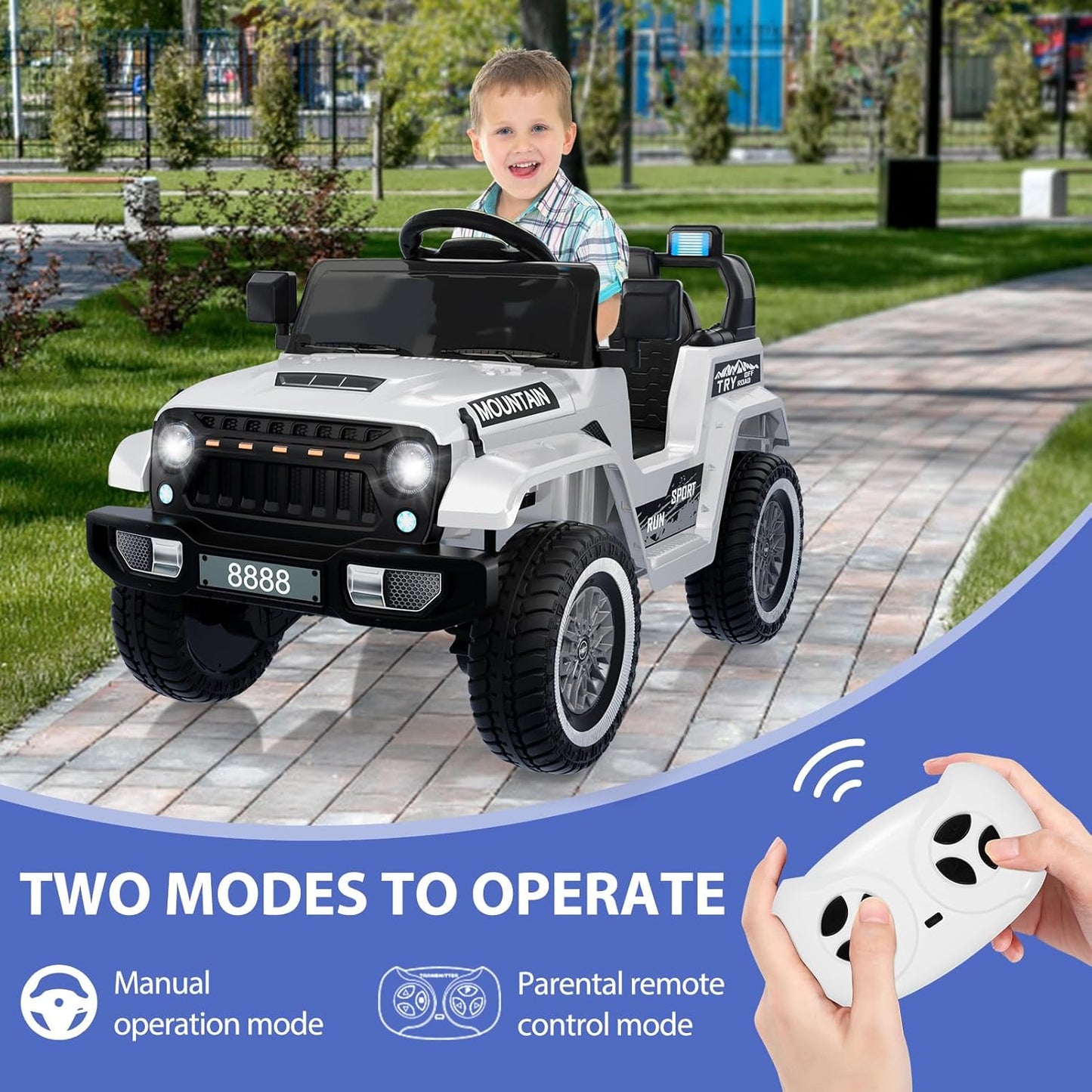 12V Kids Ride on Truck Car, w/Parent Remote Control, Twin 35w Motors, 3 Speeds, LED Lights, Music & Horn, Spring Suspension, Kids Electric Vehicles Toy for 3-5 Years Old Boys Girls Gift, White