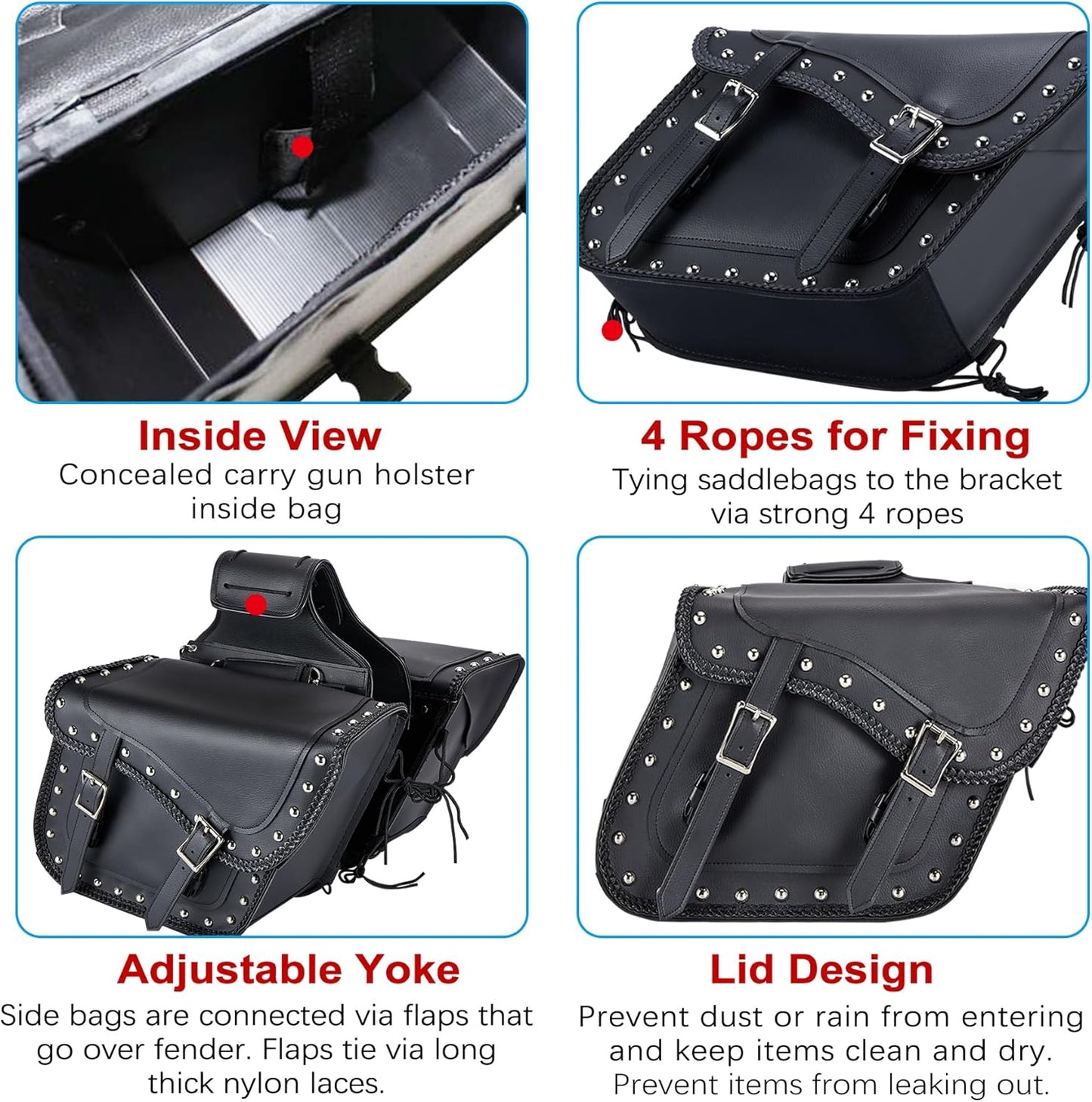 Dream Apparel Naked Cowhide Leather Motorcycle Saddle Bags Studded Throw Over Saddlebags, Motorcycle Side Bags for Honda Shadow Sportster Softail Dyna V-star (Black, With Studs)