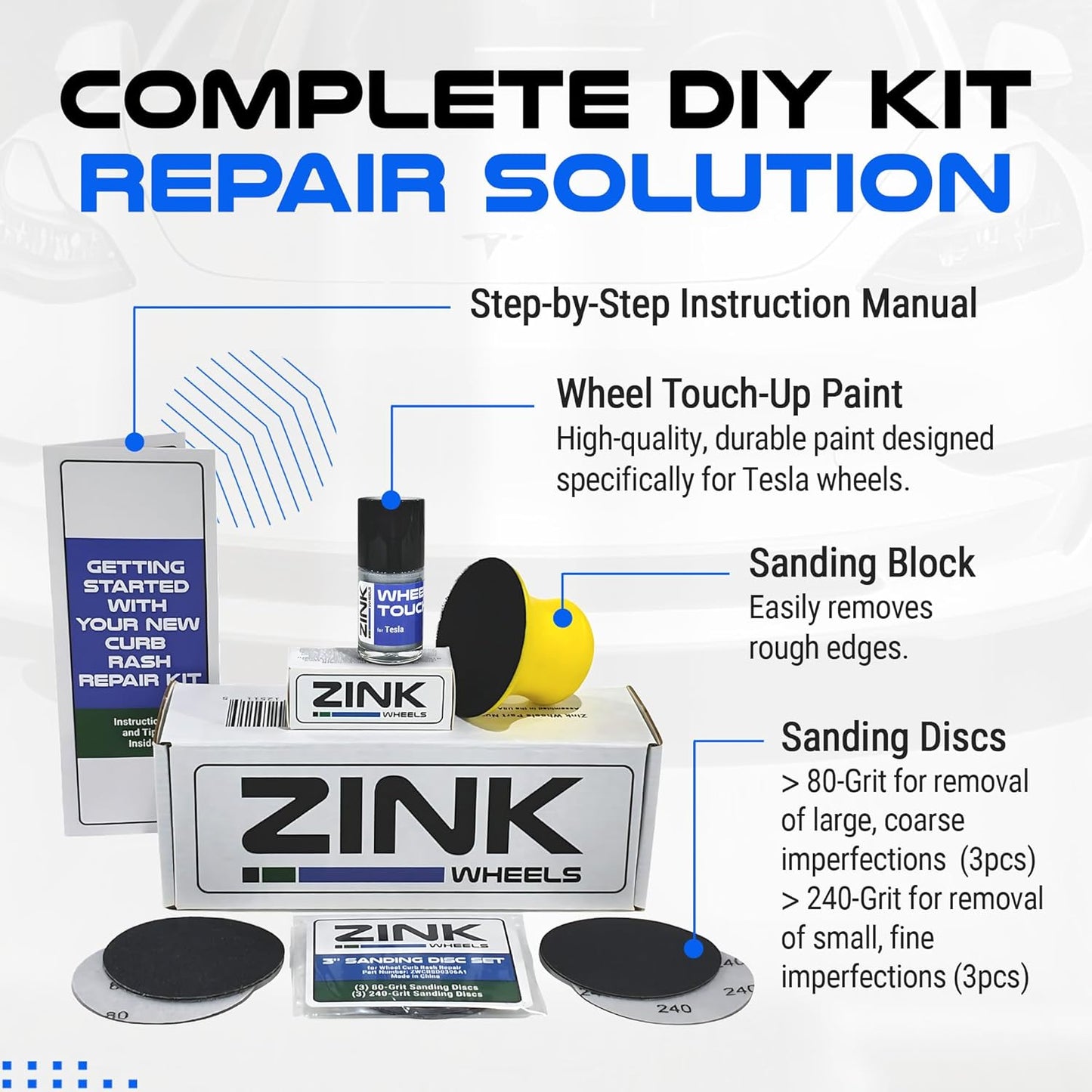 Premium Tesla Wheel Curb Rash Repair Kit for Model 3 19-inch Silver Nova Rims - DIY Kit with Color-matched Touch Up Paint - Made in USA