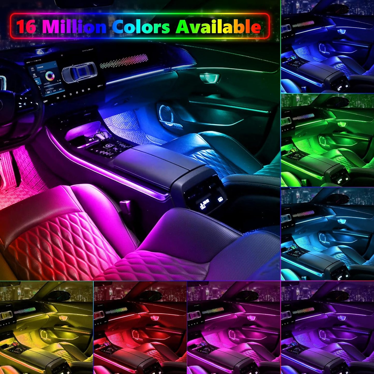 Dreamcolor Acrylic Interior Car Lights, AMKI Car LED Strip Light with Bluetooth APP, Car Ambient Lighting Kit with RGB 6 in 1 and 175 inches 593 LEDs, 16 Million Colors Sound Activated Car Neon Lights
