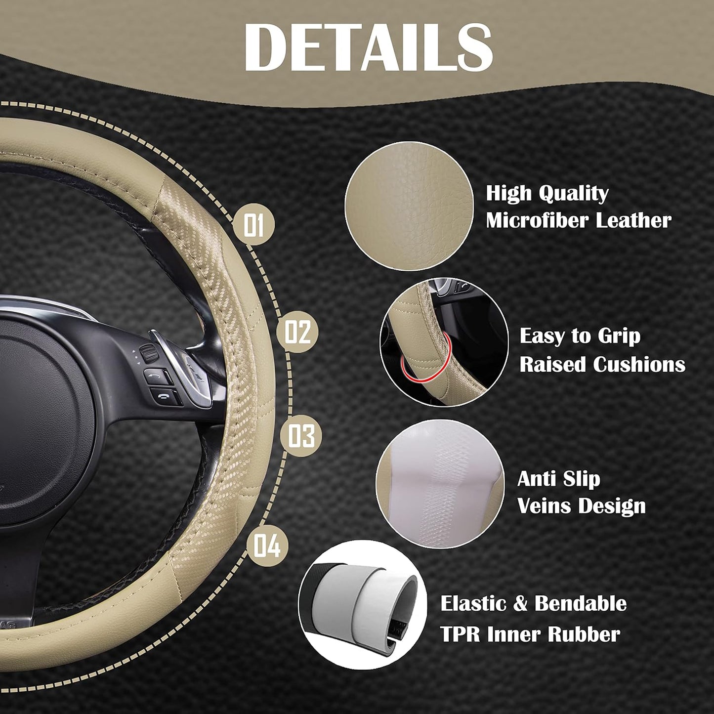 CAR PASS Line Rider Microfiber Leather Sporty Steering Wheel Cover Universal Fits for 95% Truck,SUV,Cars, Anti-Slip Safety Comfortable Desgin (Beige-Carbon Fiber)
