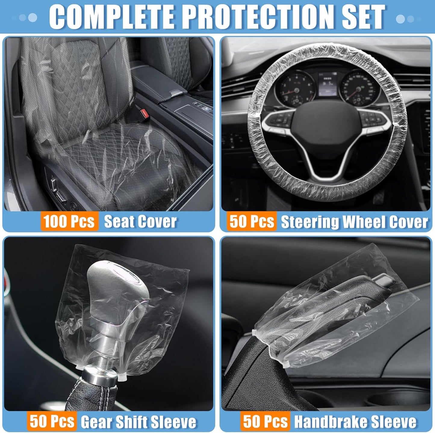 MYFAMIREA 250 PCS Disposable Car Seat Covers Clear Plastic Vehicle Seat Protector Set with Steering Wheel, Gear Shift and Handbrake Covers, Universal for Cars Auto Truck Bus Airplane