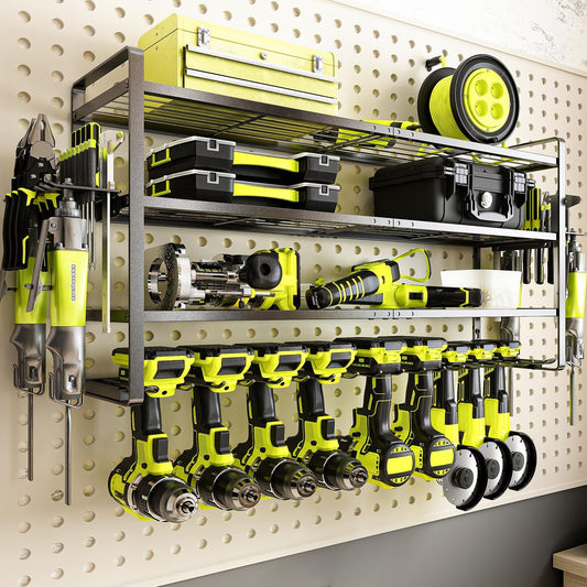 KAFAHOM Power Tool Organizer Wall Mount, 9 Drill Holders for Garage Organization,4 Layer Power Tool Rack,Tool Organizer and Storage with 2 New Accessories, Gifts Idea for Men/Dad/Husband