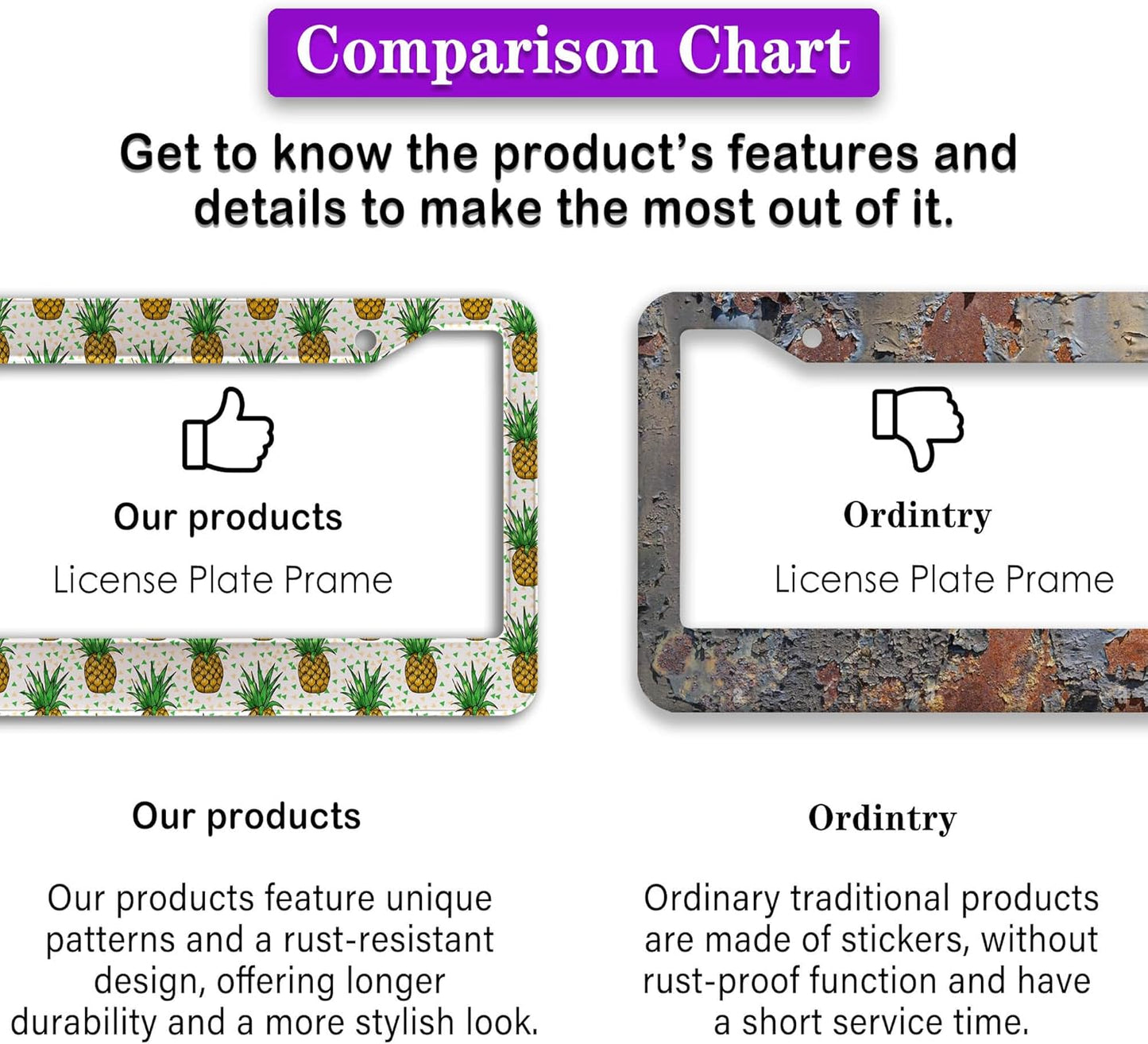 Car License Plate Frame Black Yellow License Plate Frames Yellow Pineapple Aluminum Metal Car Accessory 2 Pack with Screw Covers Set