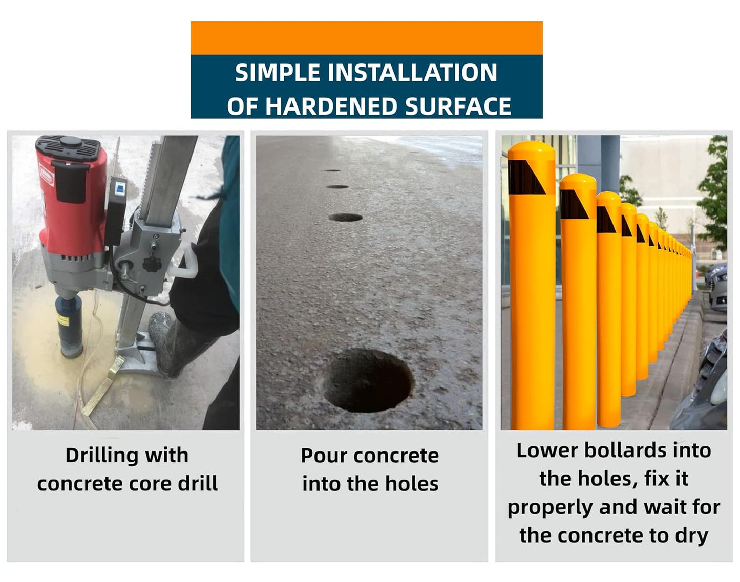 58" Pour in Place Steel Bollard Post, 4-1/2" OD Safety Bollard Yellow Powder Coat, Metal Bollard Parking, Driveway Barrier