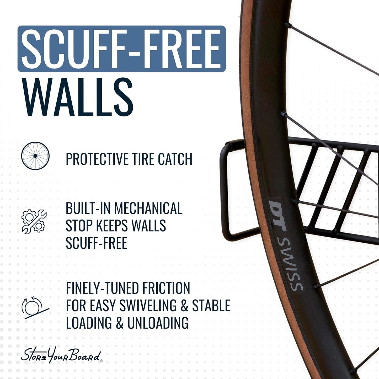 StoreYourBoard SwivelStow Mountain Bike Storage Rack 4 Pack – Heavy Duty Bike Hanger, No-Lift Bike Wall Mount for Garage Bike Storage, MTB and E-Bike, Holds 70 lbs, Patent-Pending