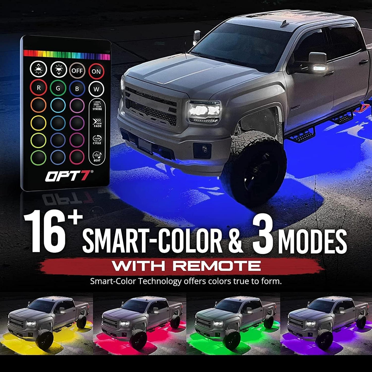 OPT7 Aura Aluminum Underglow LED Lighting Kit for Truck with Remote Control, Exterior Neon Accent Underbody Strip, Multicolor Mode, Waterproof, Soundsync, Aluminum Casing, Door Assist, Smart LED