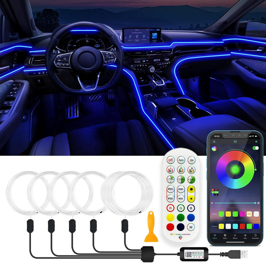 USB Car LED Lights, Interior Car Lights Strip with APP and RF Remote Control, 5 in 1 Ambient Lighting with 276 inches Fiber Optic Music Sync Simple Installation EL Wire Lights (5 in 1/276 inches)