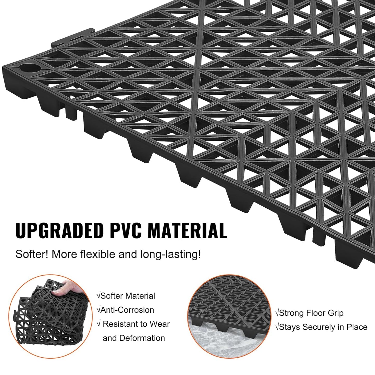 VEVOR Interlocking Tile 50PCS Black, Drainage Tiles 12" x 12" Splicing, Soft PVC Interlocking Drainage Floor Tiles, Non-Slip Drainage Holes for Restroom, Bathroom, Kitchen, Pool, Wet Areas