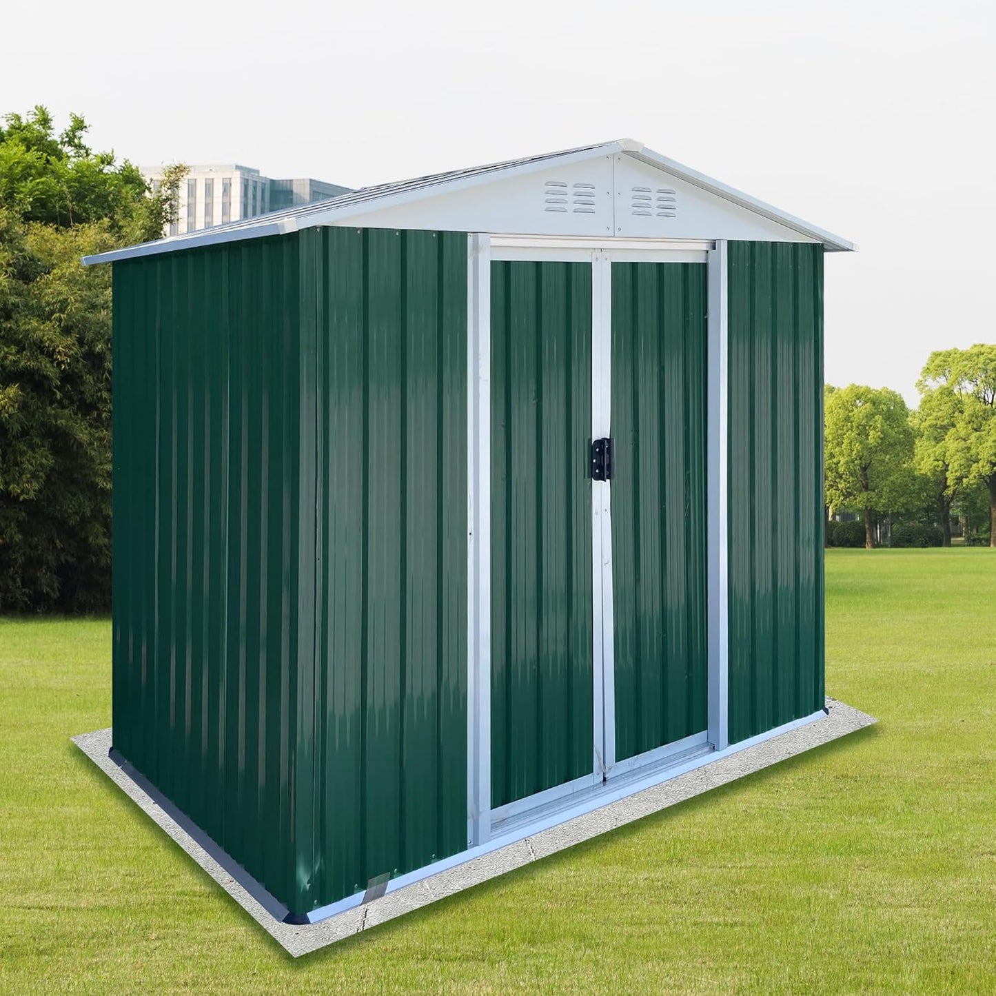 6x4 FT Outdoor Storage Shed, Metal Garden Shed with Lockable Sliding Doors, Outside Tool Shed with Sloped Roof & 4 Air Vents, Waterproof Storage Building for Backyard, Patio, Lawn, Green