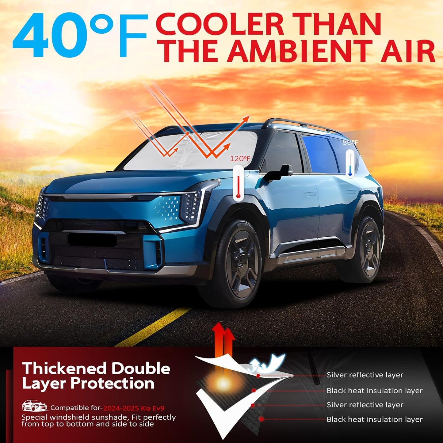 KAYZT Windshield Sun Shade for 2024-2025 Kia EV9 Foldable Sunshade Front Window Custom Fit Car Accessories