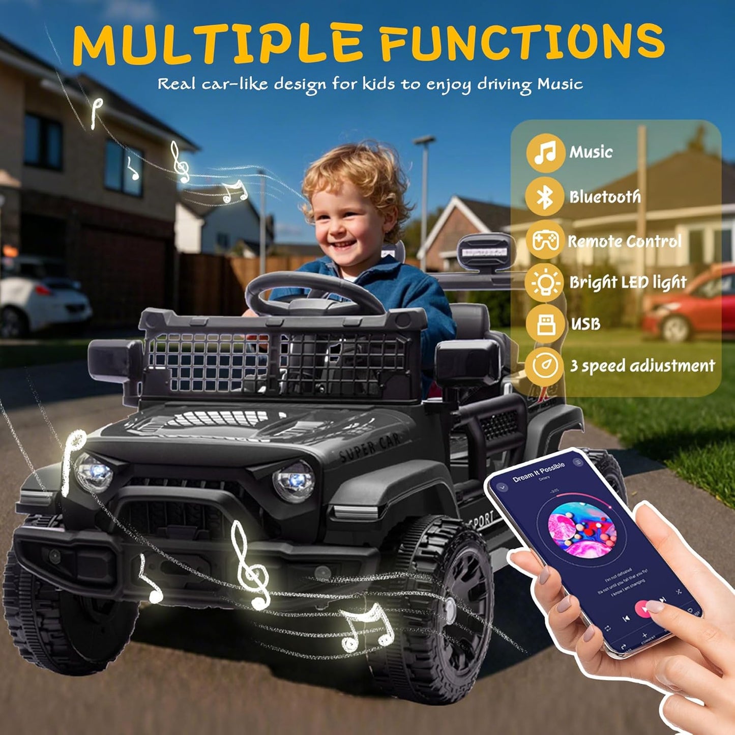 24V Ride on Toys with Parents Control, Ride on Truck Car with Four-Wheel Suspension, Electric Vehicles for Kids, Power Display, Bluetooth, MP3, Music, LED Headlight, 1.86-3.11MPH (Black)