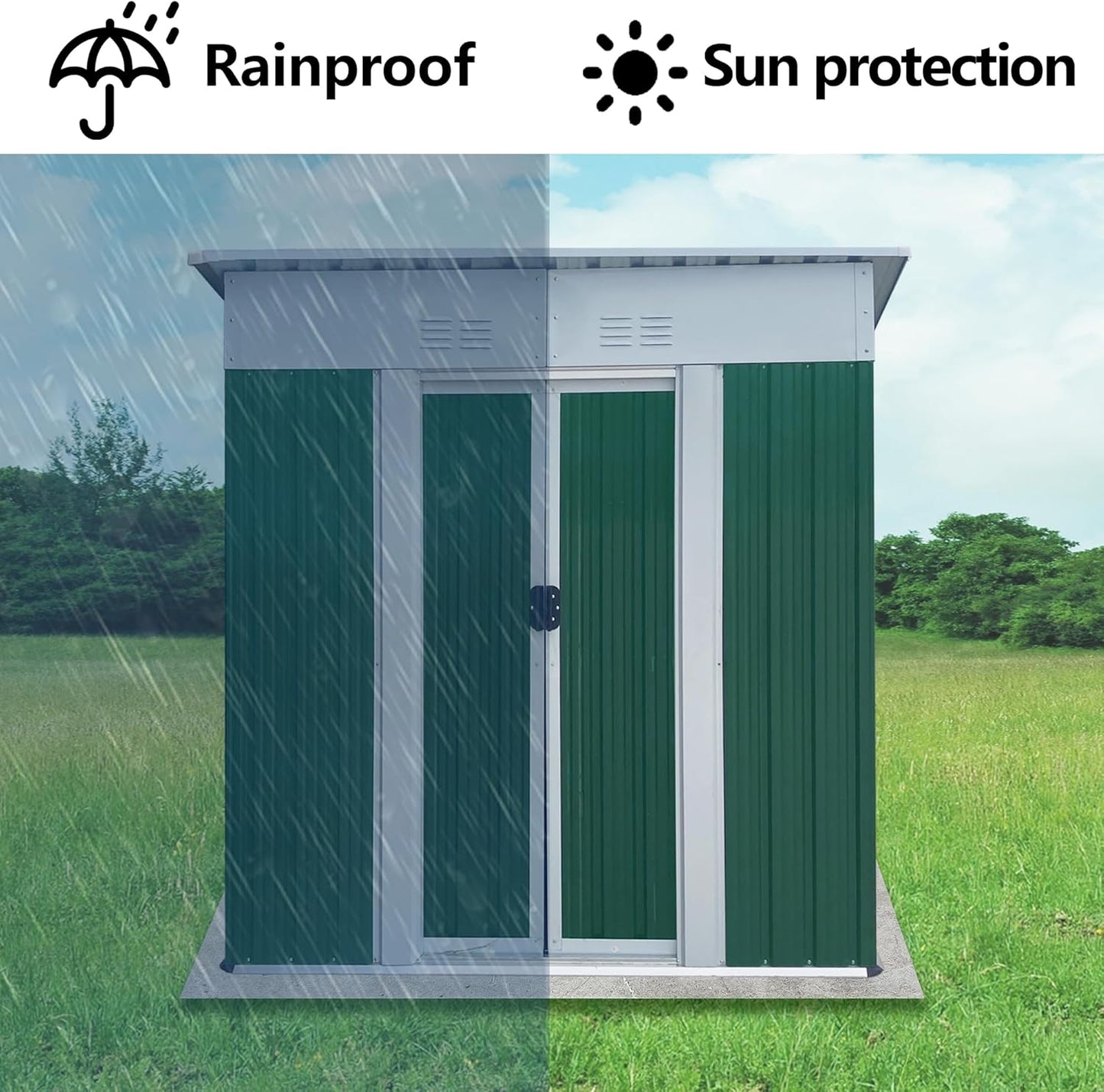 5x3 FT Outdoor Storage Shed with Sloping Roof, Waterproof Metal Garden Sheds w/Lockable Sliding Doors and Vents, Weather Resistant Tool Storage House for Backyard, Patio, Lawn, Green