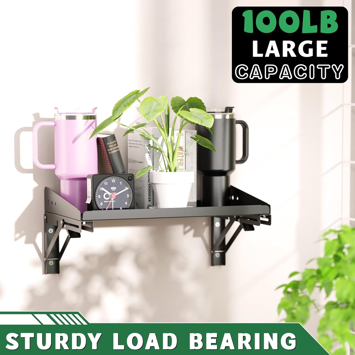 ULIBERMAGNET Garage Folding Storage Rack Shelves,100LB Metal Wall Mounted Adjustable Rail Shelf for Garage,Power Tools,Toolbox,Storage Shelves with Lip for Workshop Kitchen Office (2 Pack)