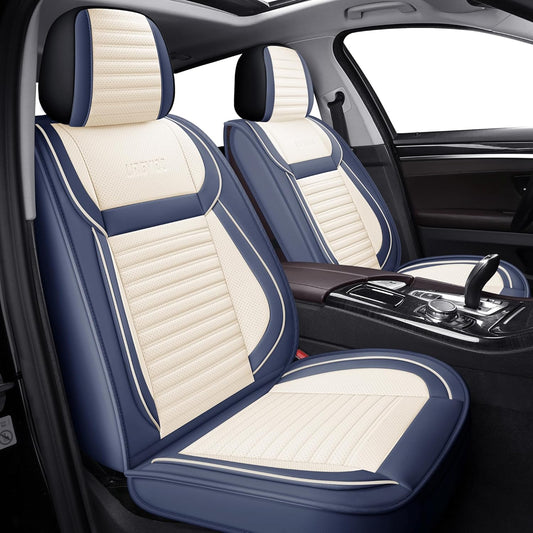 LINGVIDO Car Seat Covers, Breathable and Waterproof Faux Leather Automotive Seat Covers for Cars SUV Truck Sedan,Universal Anti-Slip Seat Cover with Backrest (Front Seat, White & Blue)