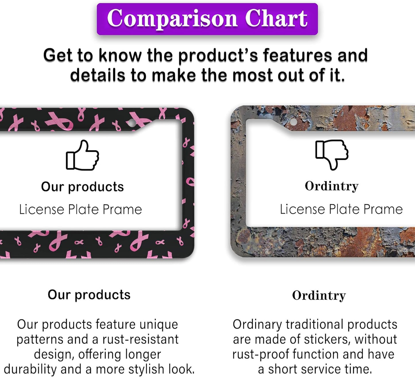 License Plate Frames for Men Black Powder Car License Plate Frame for Women Pink Ribbon Aluminum Metal Car Accessory 2 Pack with Screw Covers Set