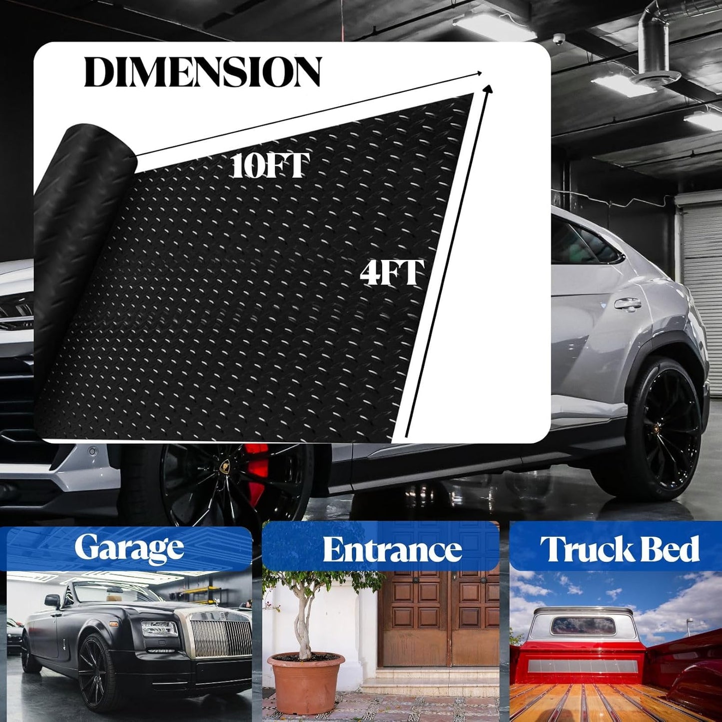 BESEA 4 x 10 FT Garage Floor Mat, Heavy Duty Diamond Plate Rubber Parking Mat – Waterproof, Oil-Resistant, Anti-Slip Flooring Roll for Under Car, Home Garage or Workshop,1/8" Thick