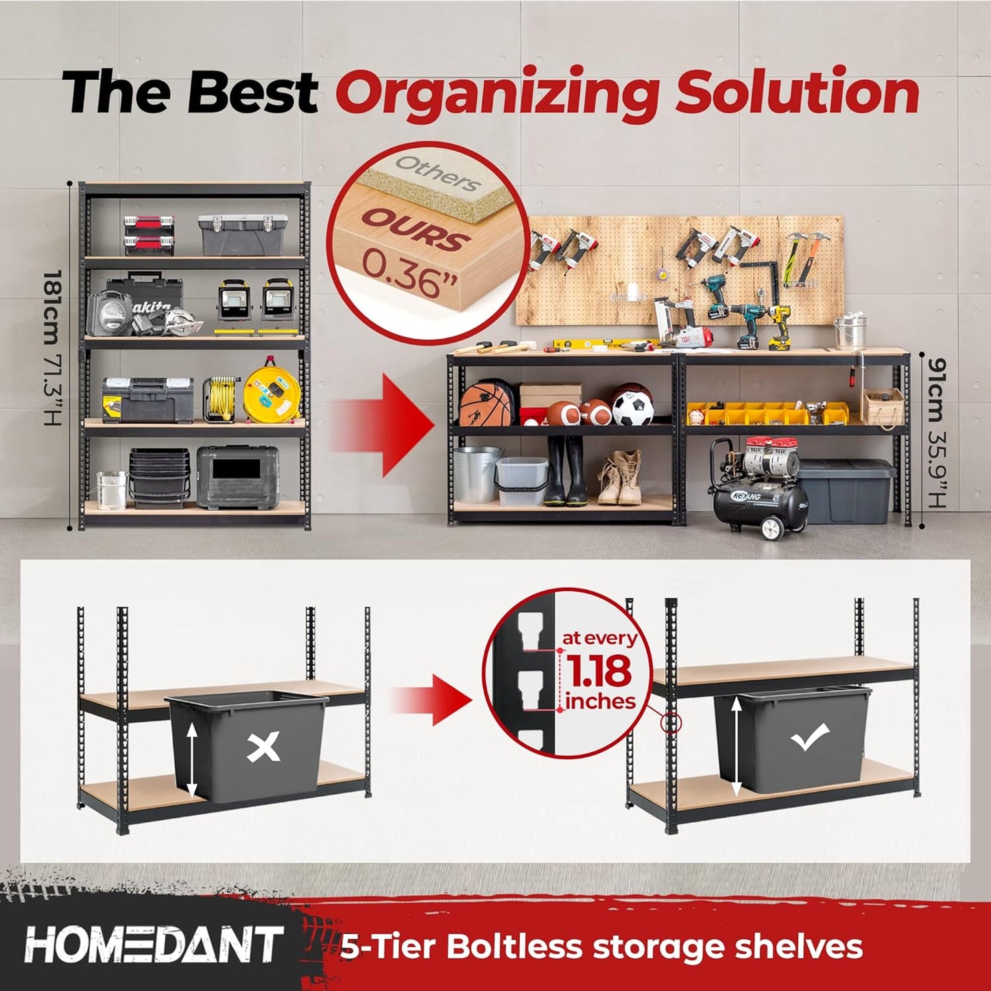 HOMEDANT 5 Tier Laminated Boltless Heavy Duty Garage Storage Adjustable Wide Size Metal Shelving Unit Utility Rack Shelves Organization Shelf Shed Warehouse 47.7" W x 18.2" D x 71.3" H 10Pack
