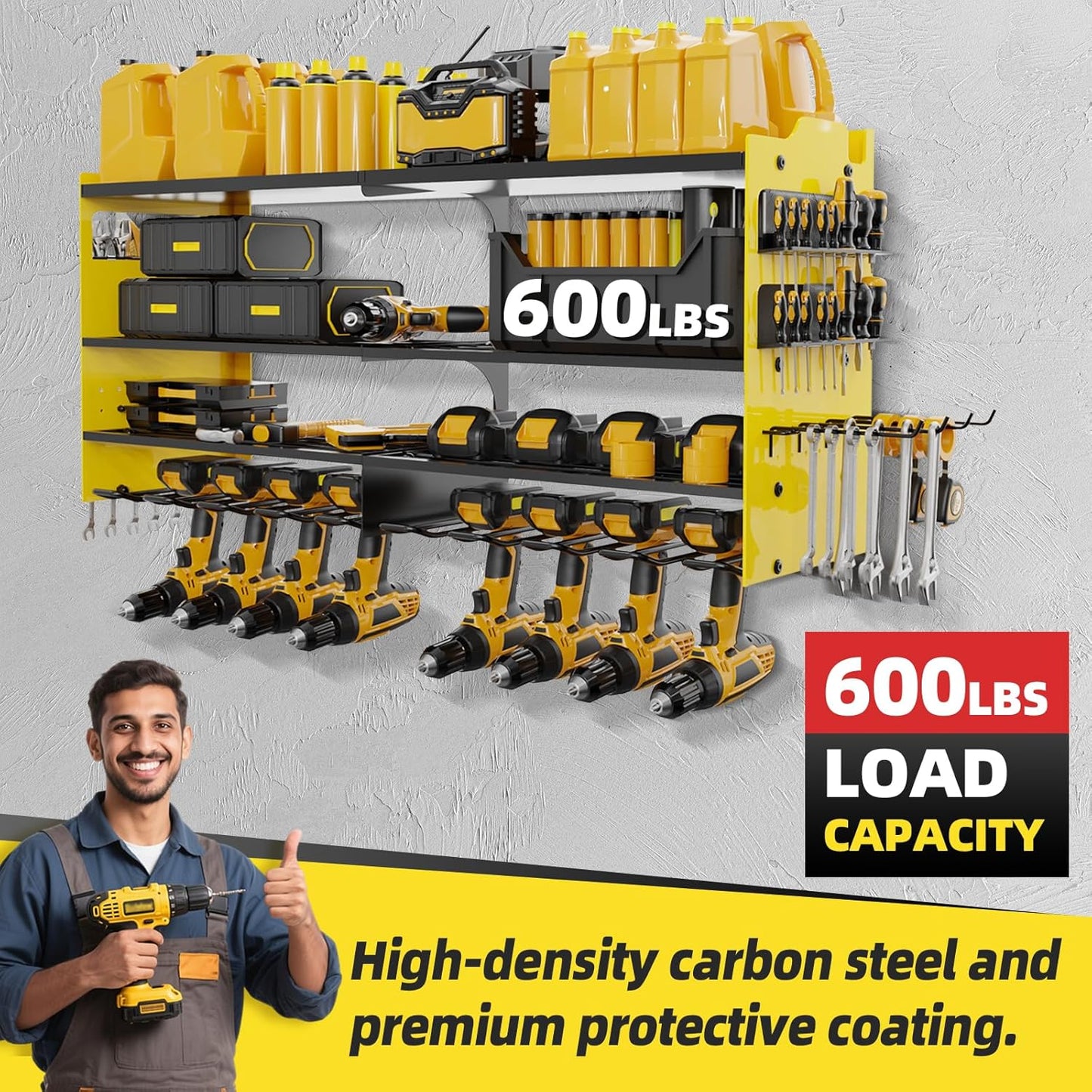 Power Tool Organizer Wall Mount with 8-Drill Holders-600Lbs Load Heavy Duty Metal 4-Layers Garage Storage and Organization Adjustable Battery Tools Rack Utility Racks Gifts for Men