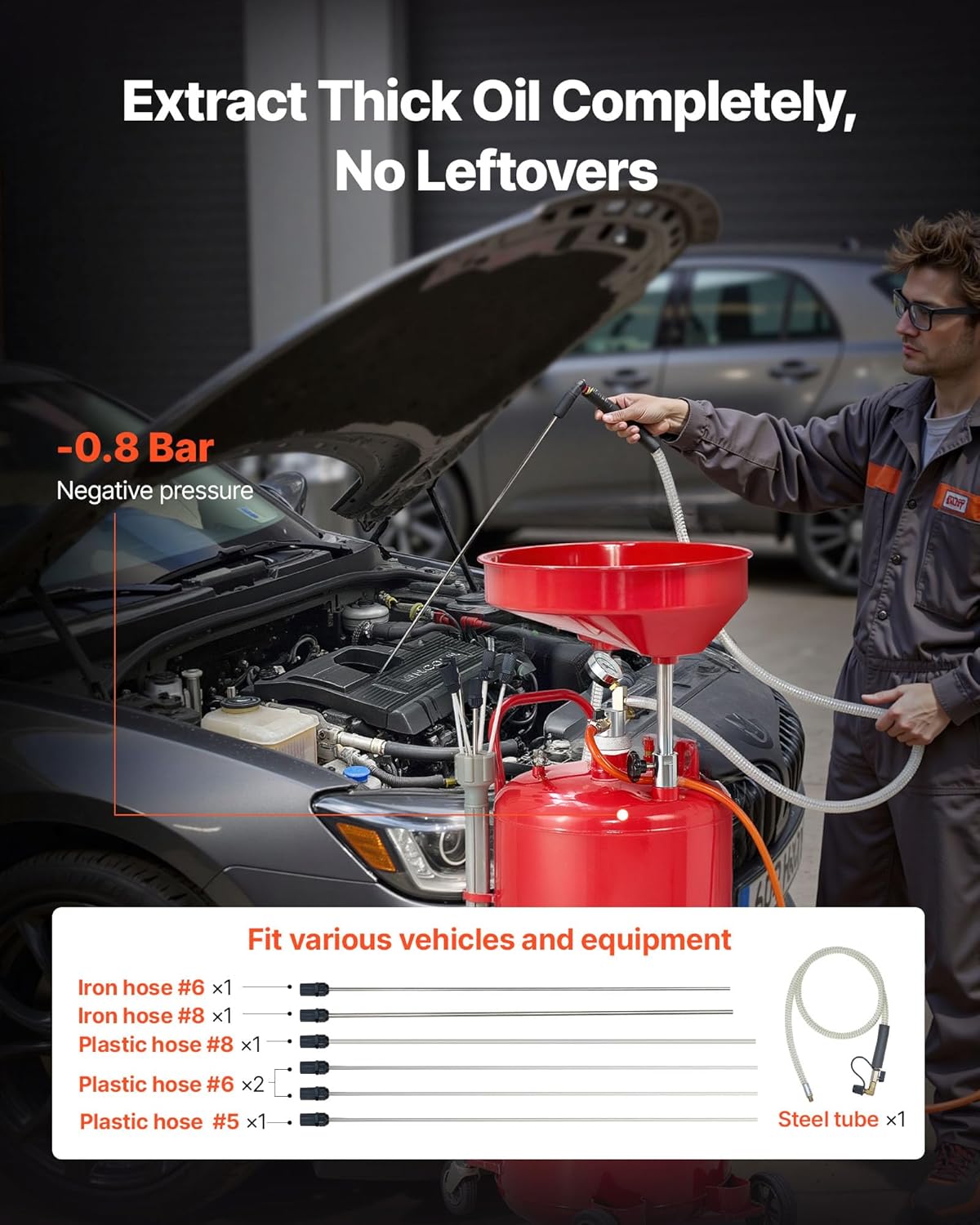 VEVOR 21 Gallon Waste Oil Drain Tank, Air Operated Portable Oil Drainer with Adjustable Funnel Height, Industrial Fluid Drain Tank with Wheels, Fluid Fuel Transfer Drainage for Auto Repair Shops, Red