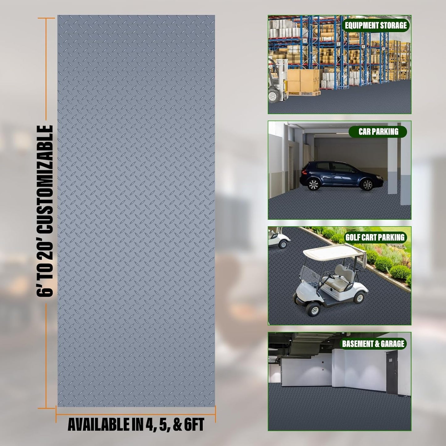 SEAL 6 x 15 Ft Premium Garage Floor Mat, Solid 2.8mm Thick Gray Commercial Grade Heavy Duty Parking Mat for Garage Floor, Golf Cart Parking, Water/Stain Resistant Floor Runner (Embossed Diamond Plate)