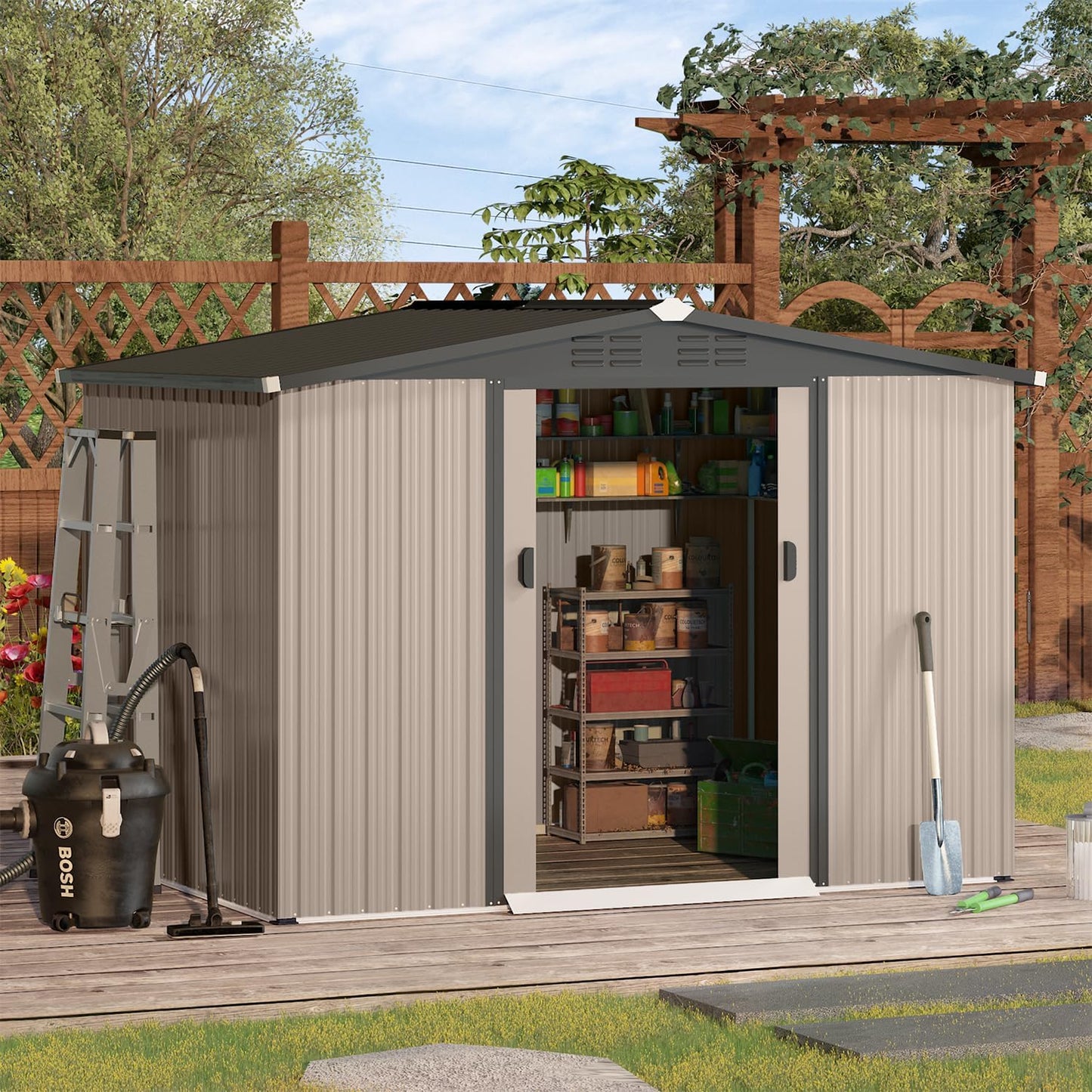 U-MAX 8 x 6 Ft Outdoor Shed, 6x8 Outdoor Storage Metal Cabinet Sheds & Outdoor Storage Clearance (Sliding Door), Garden Metal Shed for Yard in Grey