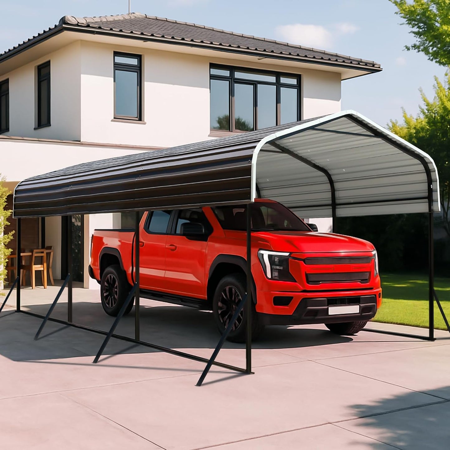 10x15 Metal Carport with Base Fixings Heavy Duty Garage Outdoor Chrome Plated Frame and Sheet Metal Construction Suitable for Boats, Cars, Tractors and Agricultural Equipment, Dark Gray