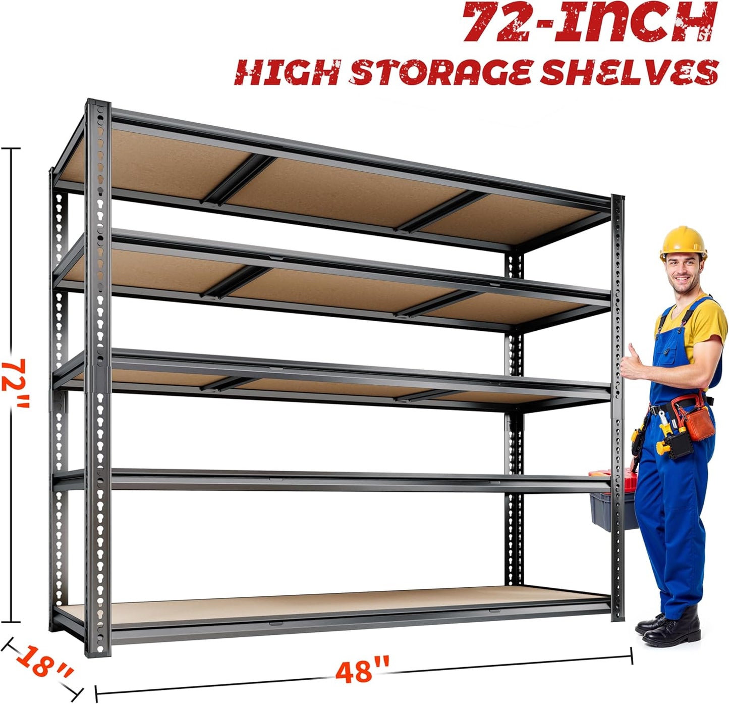 48"W Garage Shelving, 2650LBS Storage Shelves heavy duty, 5 Tier Metal Shelving Unit Adjustable Garage Shelves Heavy Duty Shelving for Warehouse,Commercial, Kitchen, 48" W × 18" D × 72" H, Black, 2PCS