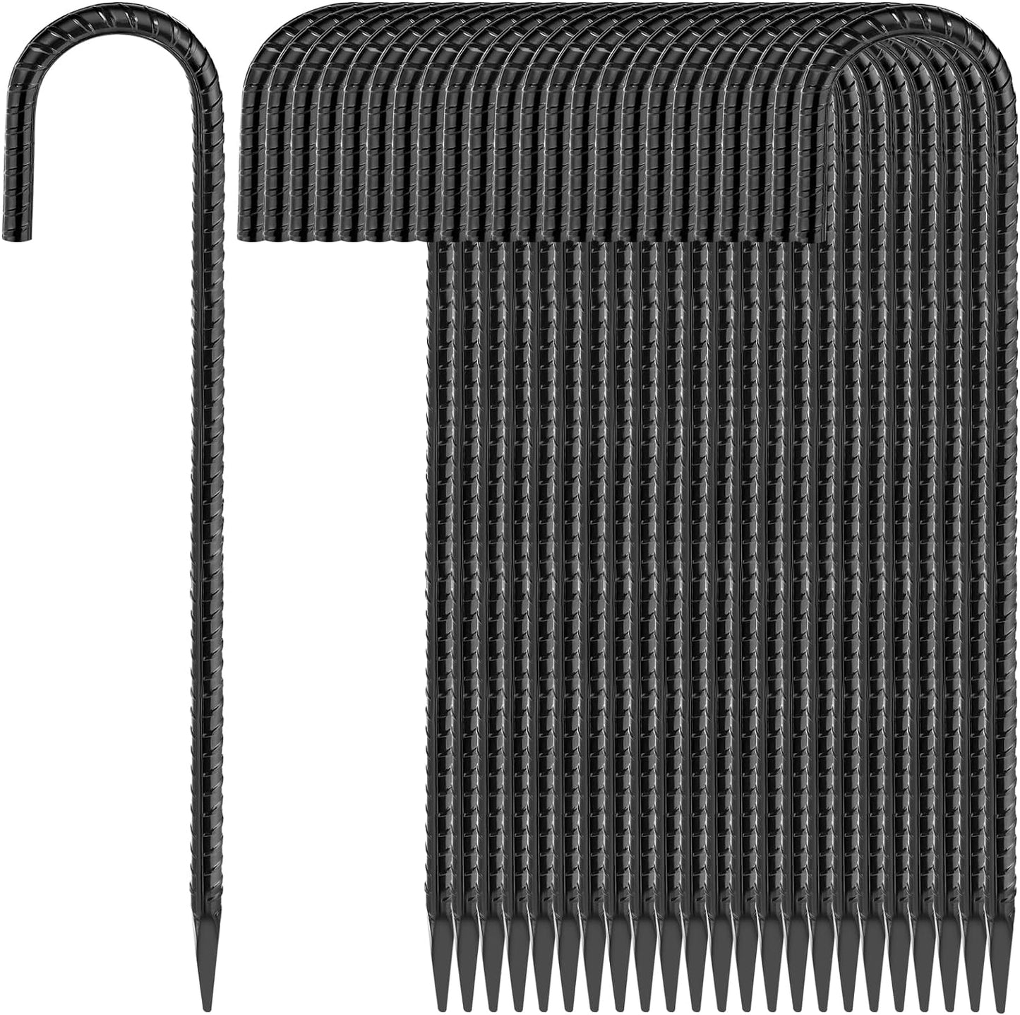 16 Inches 24-Pack J Hook Rebar Stakes Heavy Duty Tent Stakes with Chisel Point End, Steel Ground Anchors Metal Garden Stakes Chain Link Fence Stakes Black Coated