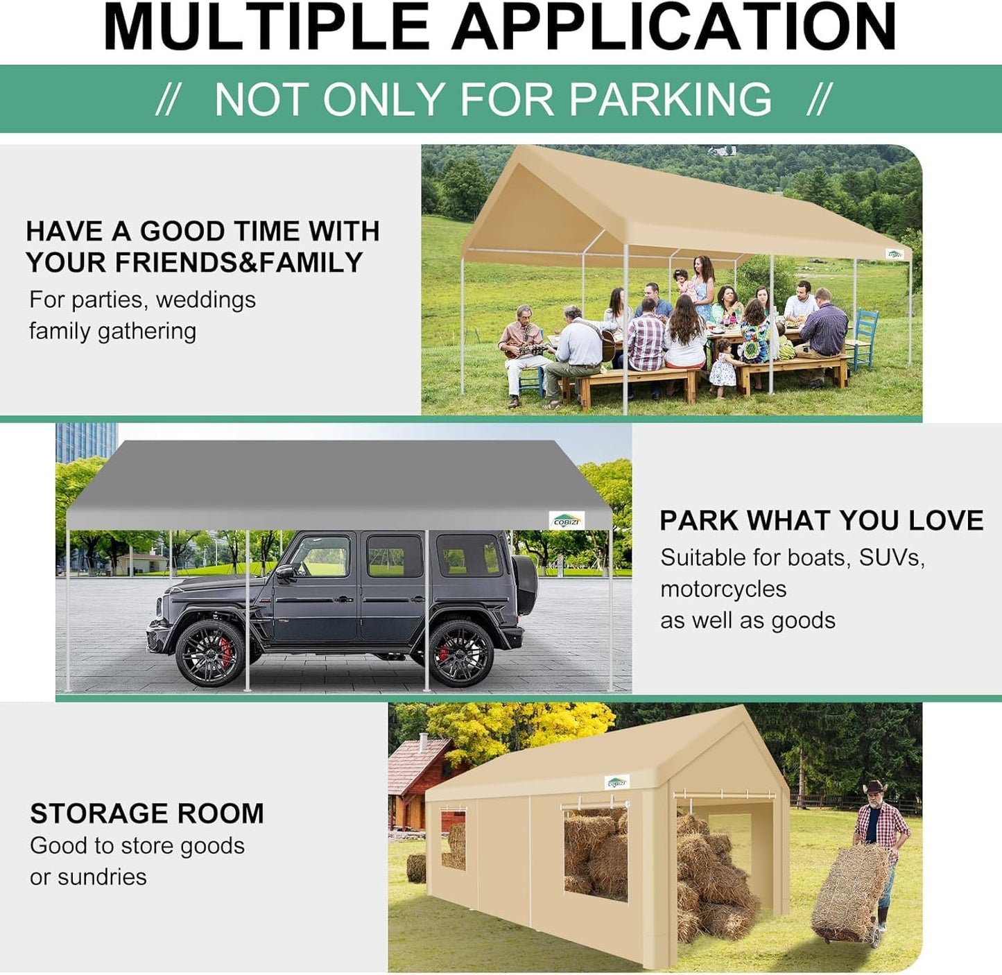COBIZI 12x20ft Carport Heavy Duty, Portable Car Garage Outdoor Party Tent with Built-in Sandbags, Waterproof Car Canopy for Truck, Boat, SUV with All-Season Tarp, Khaki