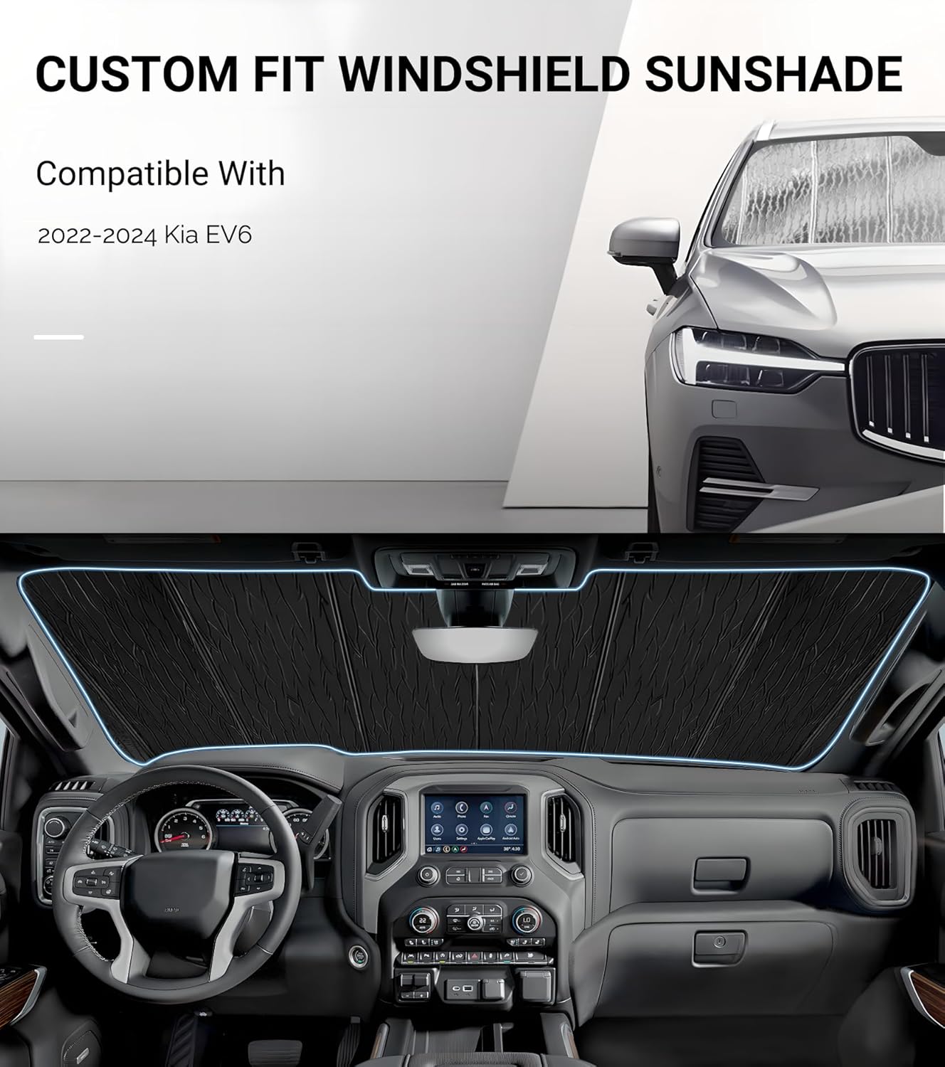 Windshield Sun Shade for Kia EV6 2022-2024,Front Window Sunshade Shield, 2-in-1 Reflective Sun Shade,Silver for Summer, Black for Winter