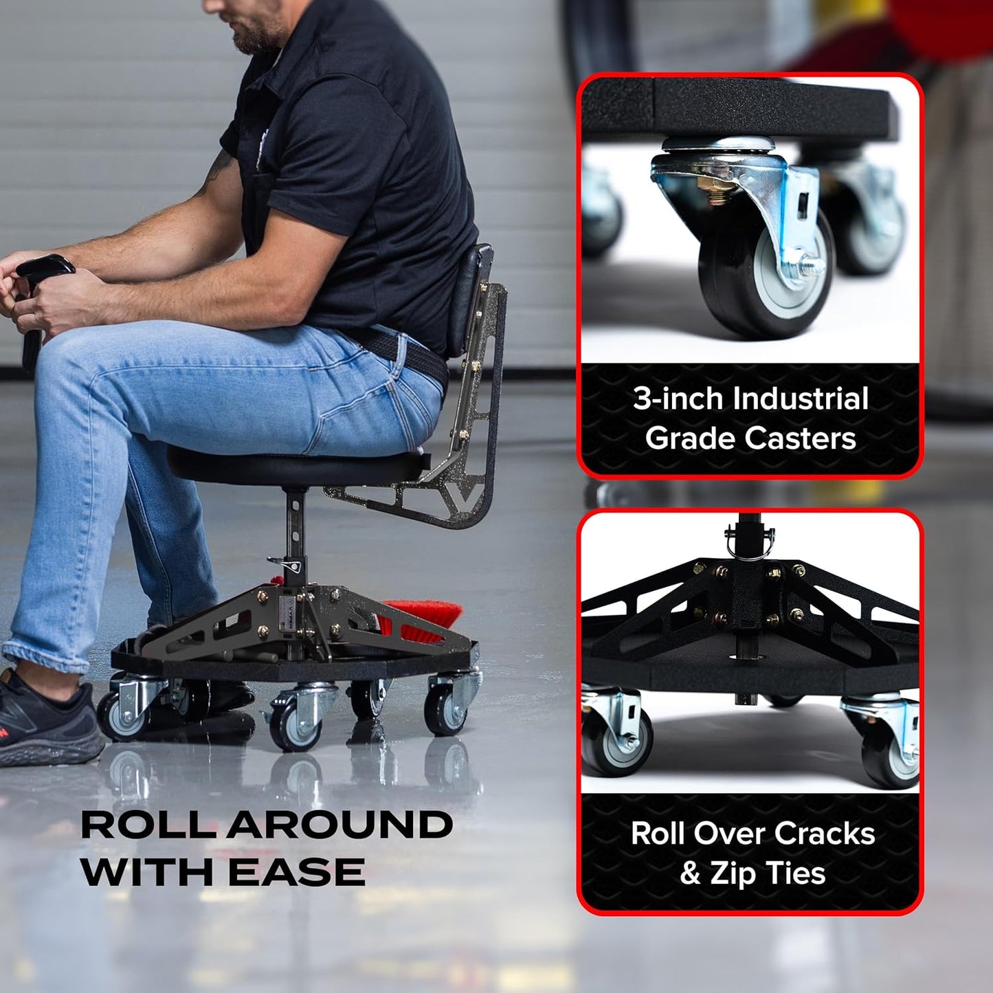 Vyper Robust Steel Sport Shop Chair for Mechanics, Automotive, DIY - 300 lb Capacity Garage Stool with Backrest & Large Wheels (Black Seat, Black Frame)