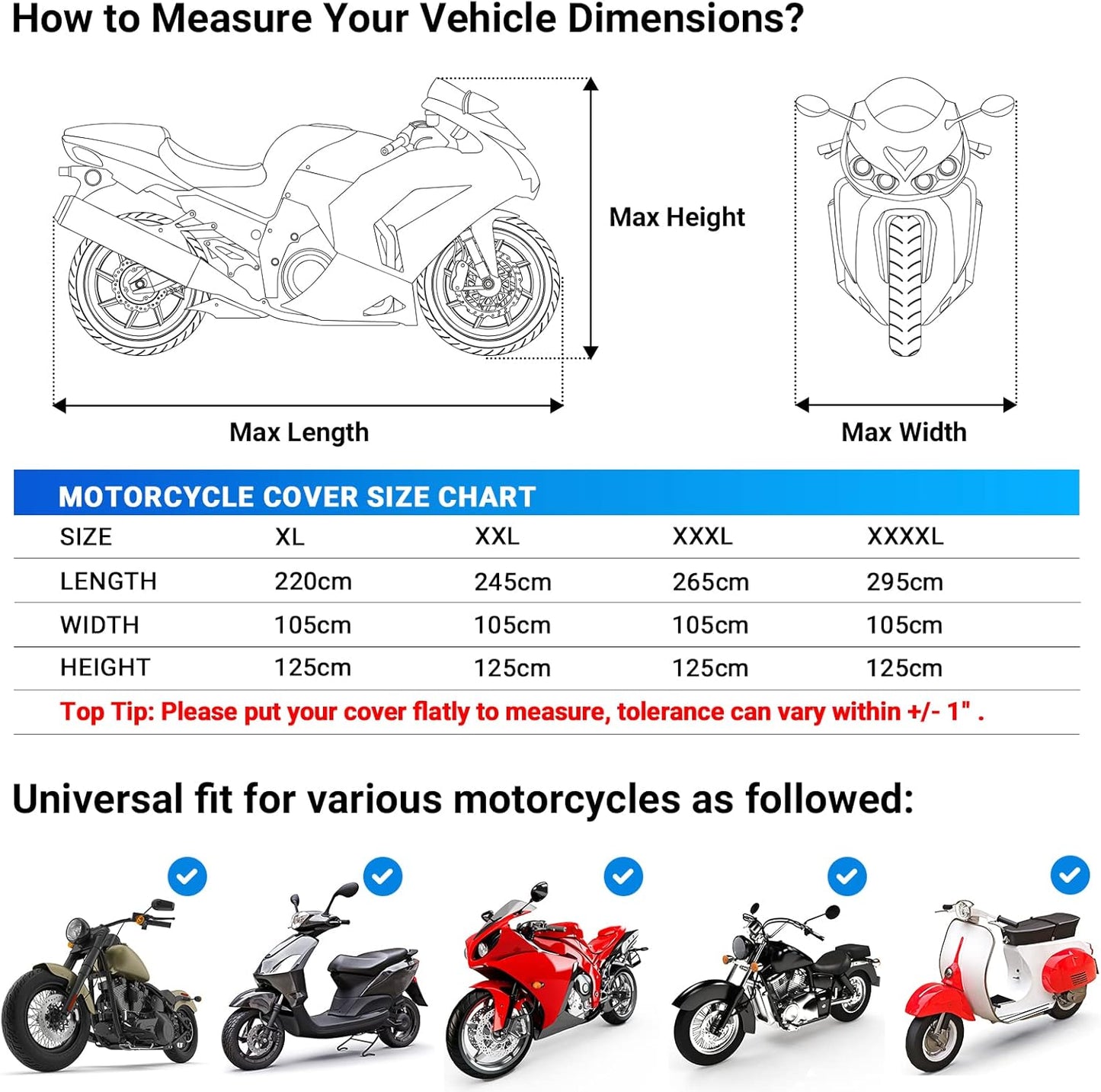 Favoto Motorcycle Cover Waterproof Outdoor - All Season Sun Protection Oxford with Lock-Holes Rain Snow Windproof Dustproof Universal Fit Motorbikes Vehicle Moped Cover, 104" x 41" x 50"