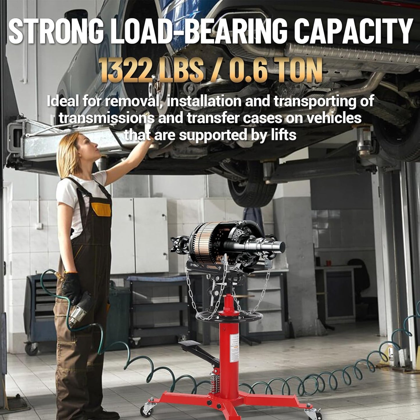 Dual Plunger Hydraulic Transmission Jack 1322lbs Capacity, 33.5"-69" High Lift 2-Stage Hydraulic Telescoping Jack, Trans Jack Stand with 8MM Non-Slip Pad, Foot Pedal & Swivel Wheel, Red