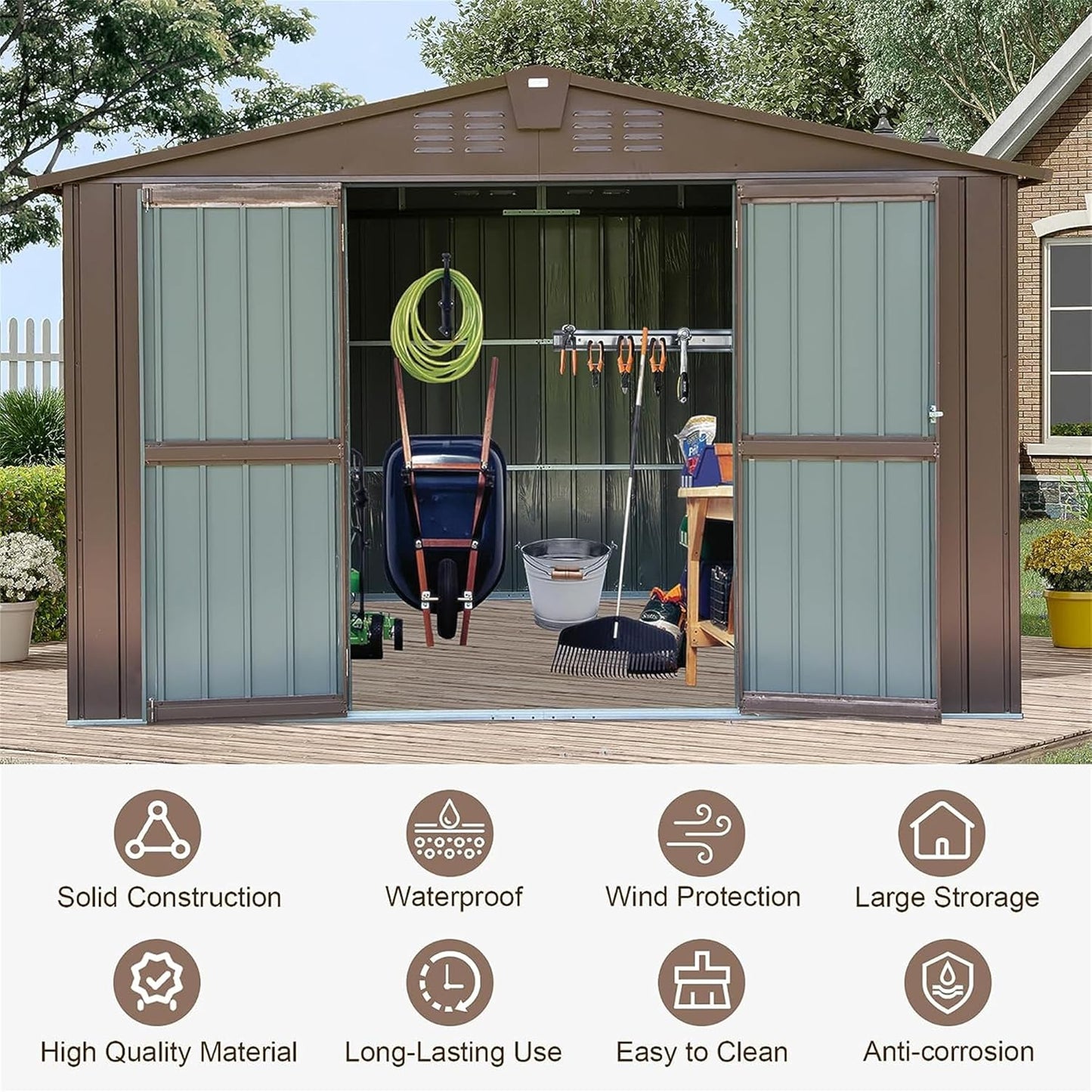 IKERY Metal Storage Shed 10' x 8' with Double Lockable Doors - Large Garden & Backyard Tool Shed for Bikes, Weather-Resistant - Brown